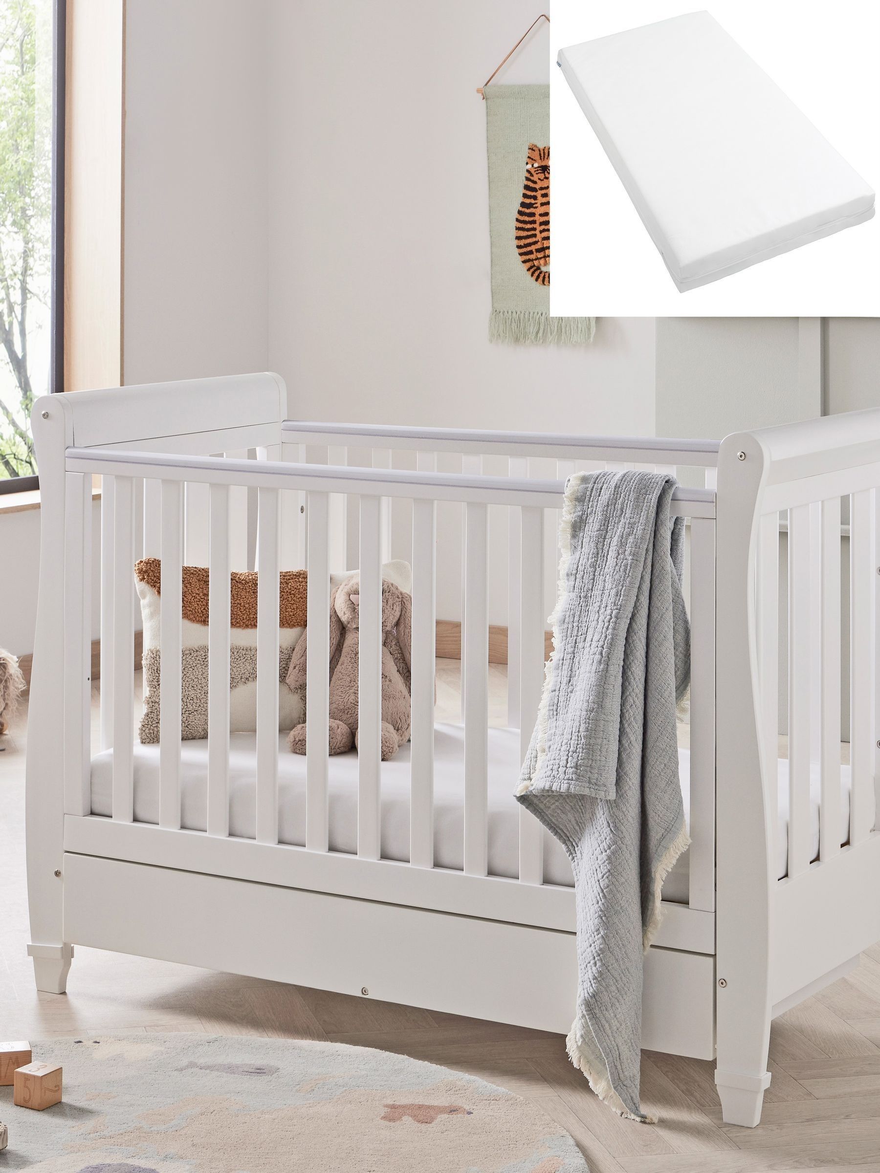 Babymore White Eva Cot Bed with Fibre Mattress - Image 1 of 6