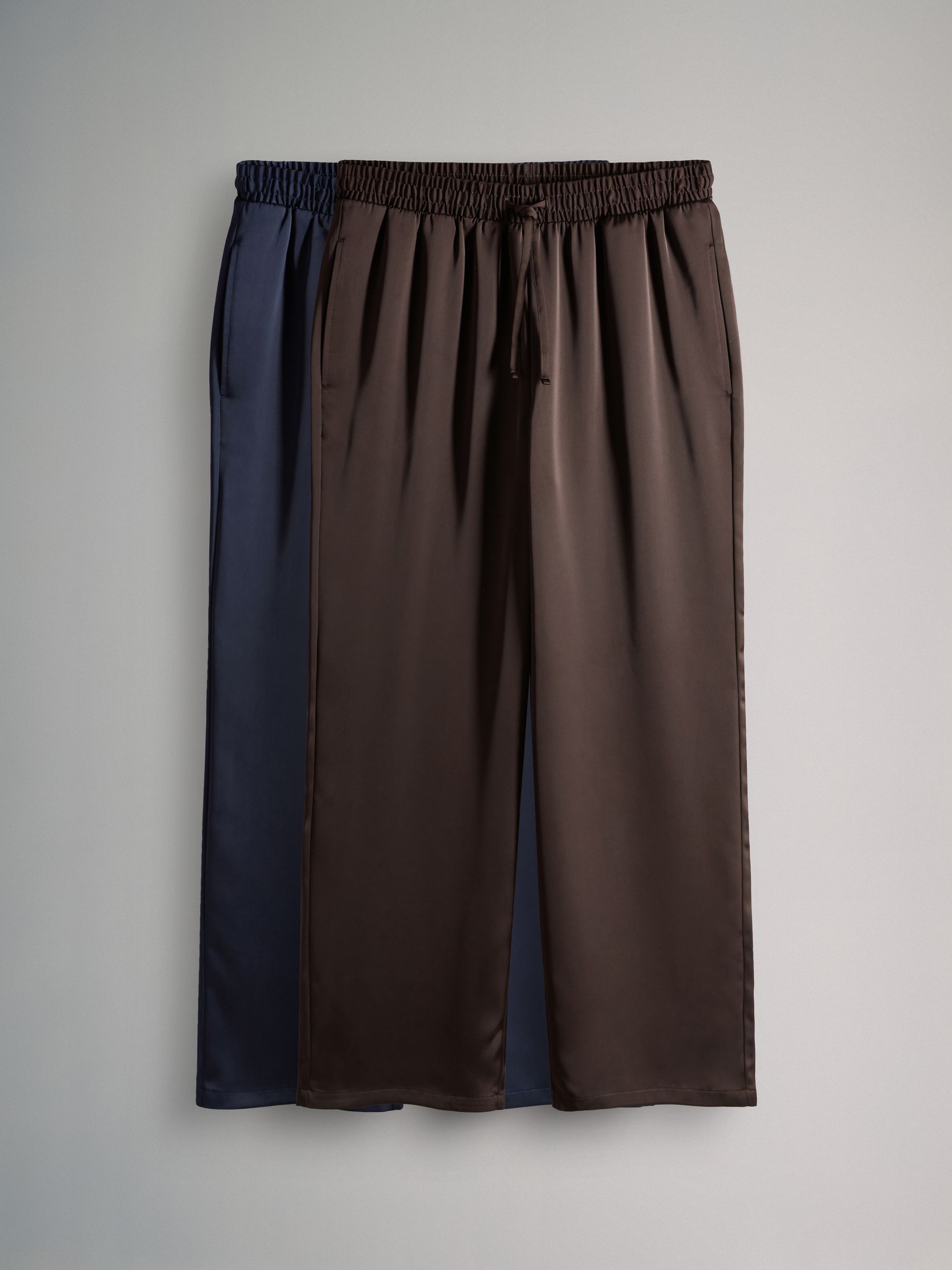 Navy/Chocolate Brown - 2 Pack Satin Wide Leg Pull On Trousers - Image 1 of 5 Navy/Chocolate Brown - 2 Pack Satin Wide Leg Pull On Trousers - Image 1 of 5