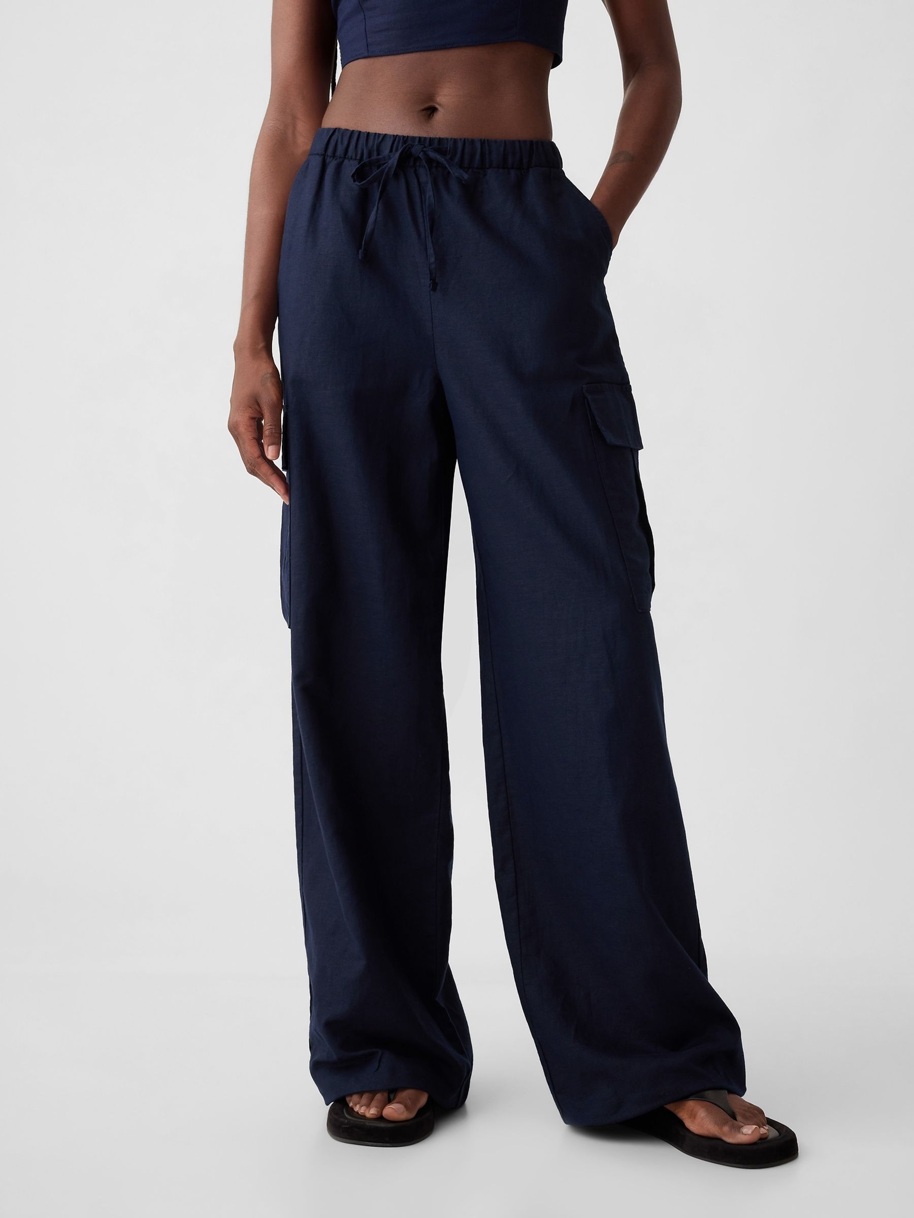 Blue Linen Cotton Blend Mid Rise Cargo Trousers - Image 2 of 5 Blue Linen Cotton Blend Mid Rise Cargo Trousers - Image 2 of 5