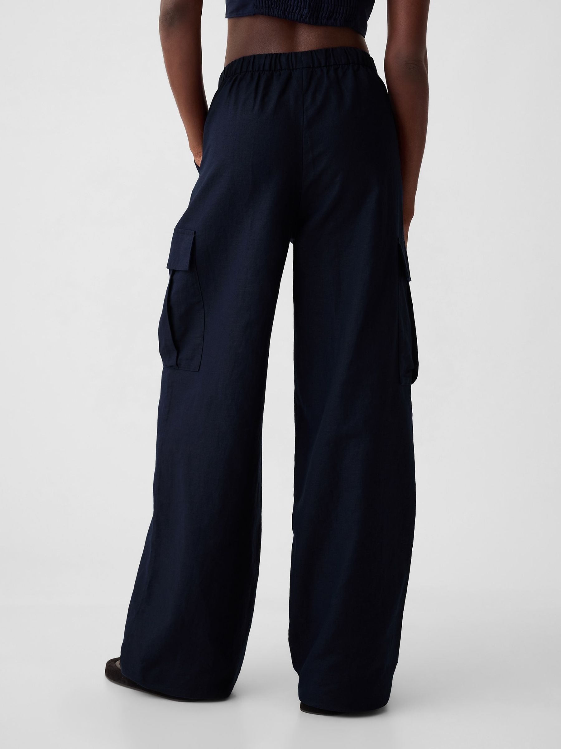 Blue Linen Cotton Blend Mid Rise Cargo Trousers - Image 3 of 5