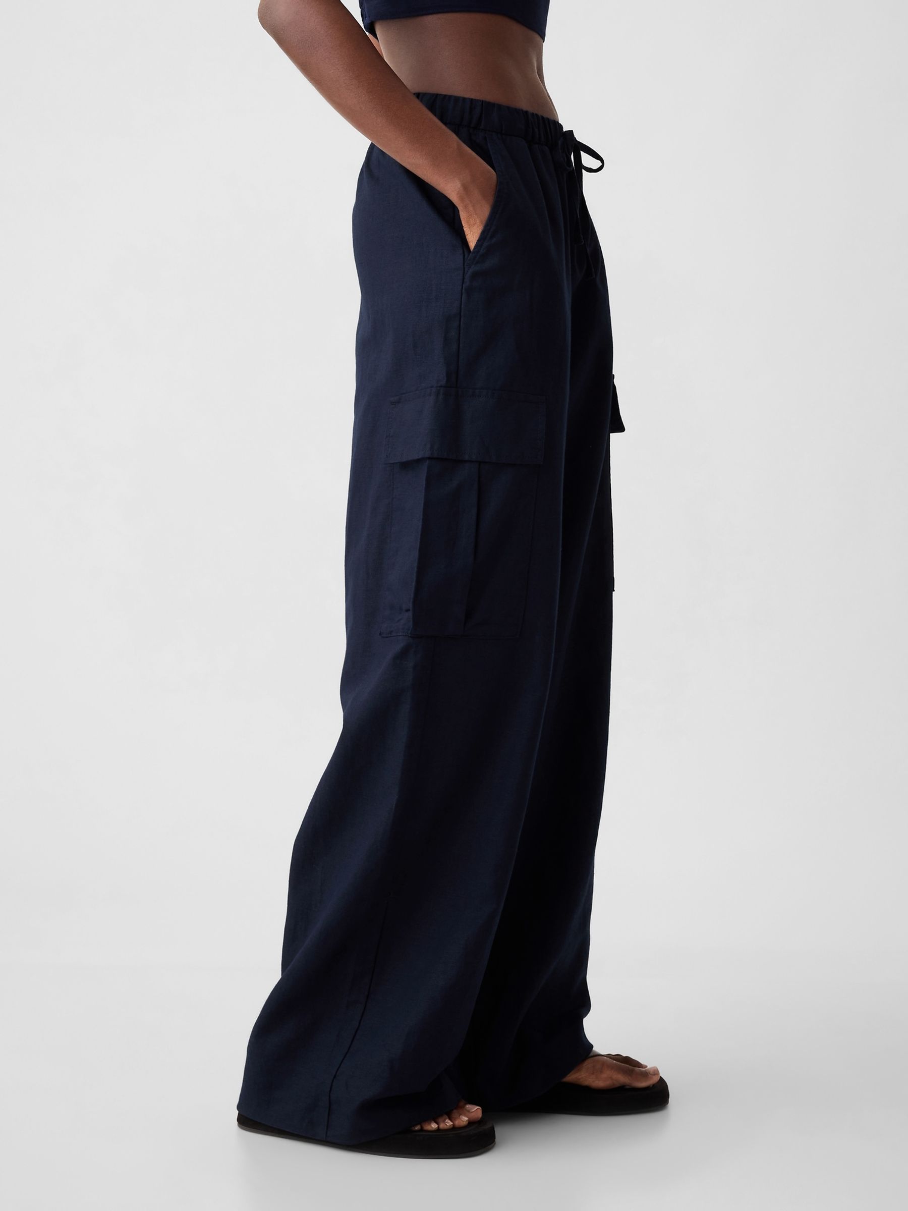 Blue Linen Cotton Blend Mid Rise Cargo Trousers - Image 4 of 5