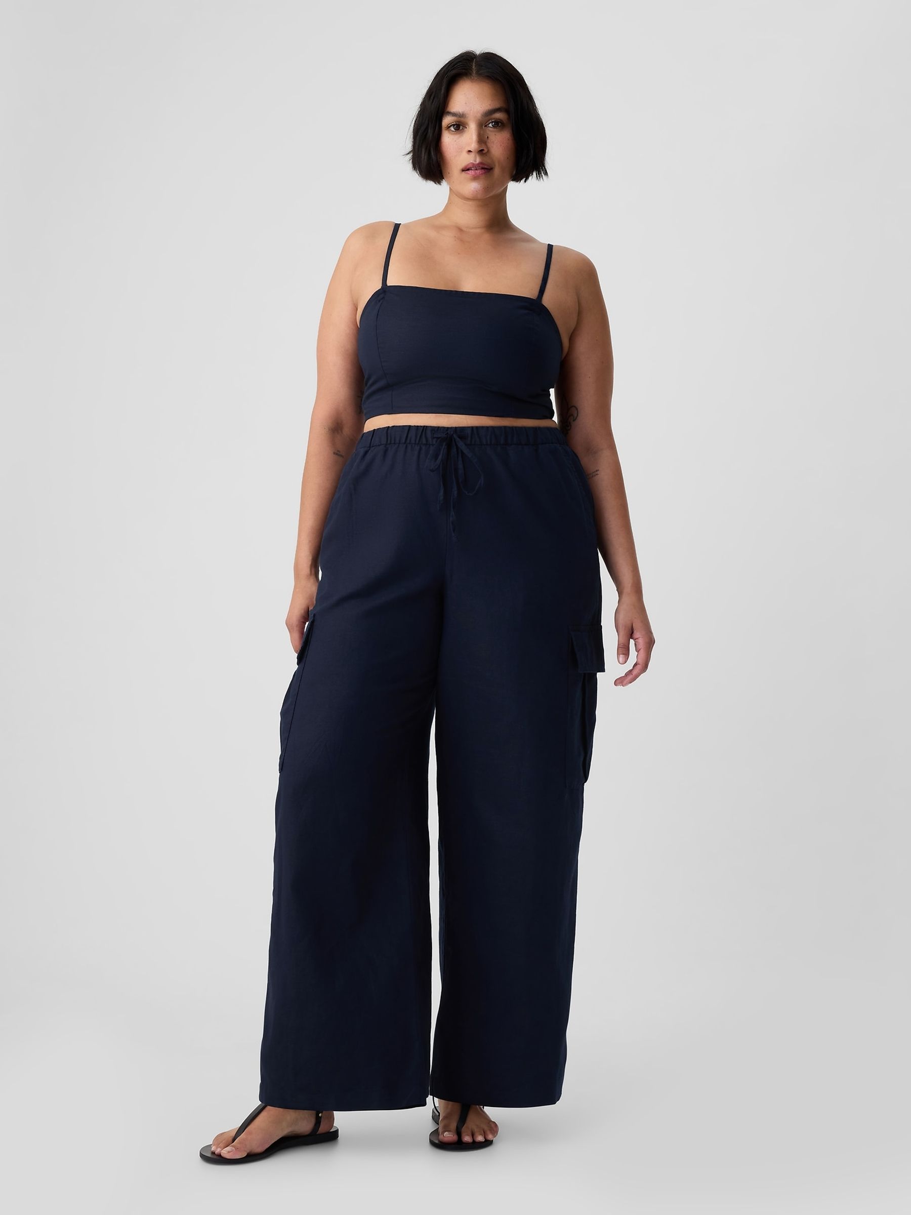 Blue Linen Cotton Blend Mid Rise Cargo Trousers - Image 5 of 5 Blue Linen Cotton Blend Mid Rise Cargo Trousers - Image 5 of 5