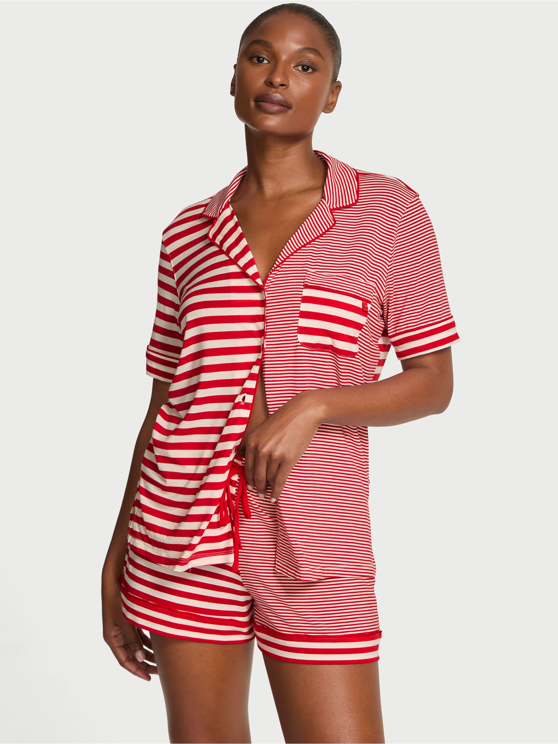 Lipstick Red and White Stripe Modal Short Pyjamas Set - Image 1 of 2