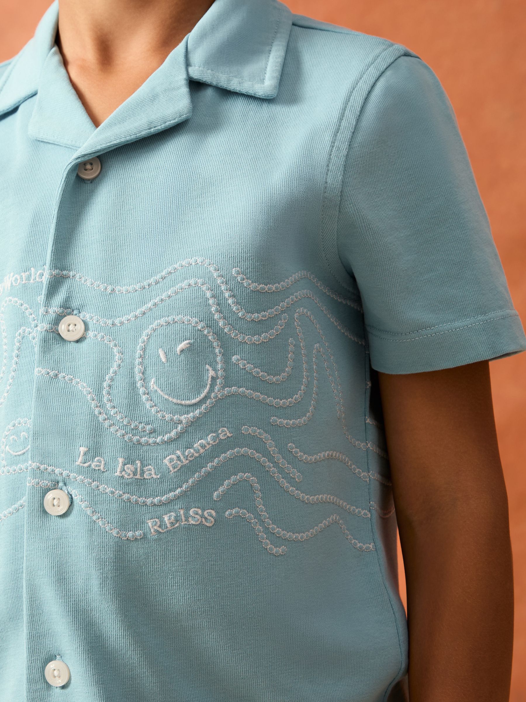 9-13 yrs SmileyWorld | Reiss Embroidered Shirt in Sky Blue - Image 4 of 5