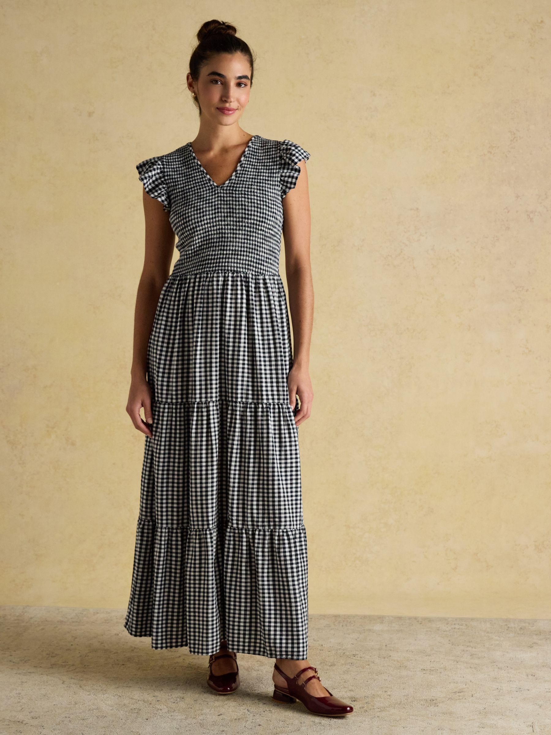 Esme Black Gingham Shirred Midi Dress with V-Neck and Frill Sleeves - Image 1 of 7