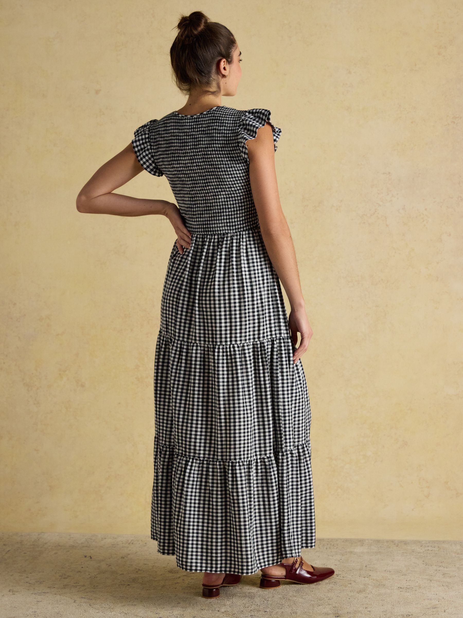Esme Black Gingham Shirred Midi Dress with V-Neck and Frill Sleeves - Image 2 of 7