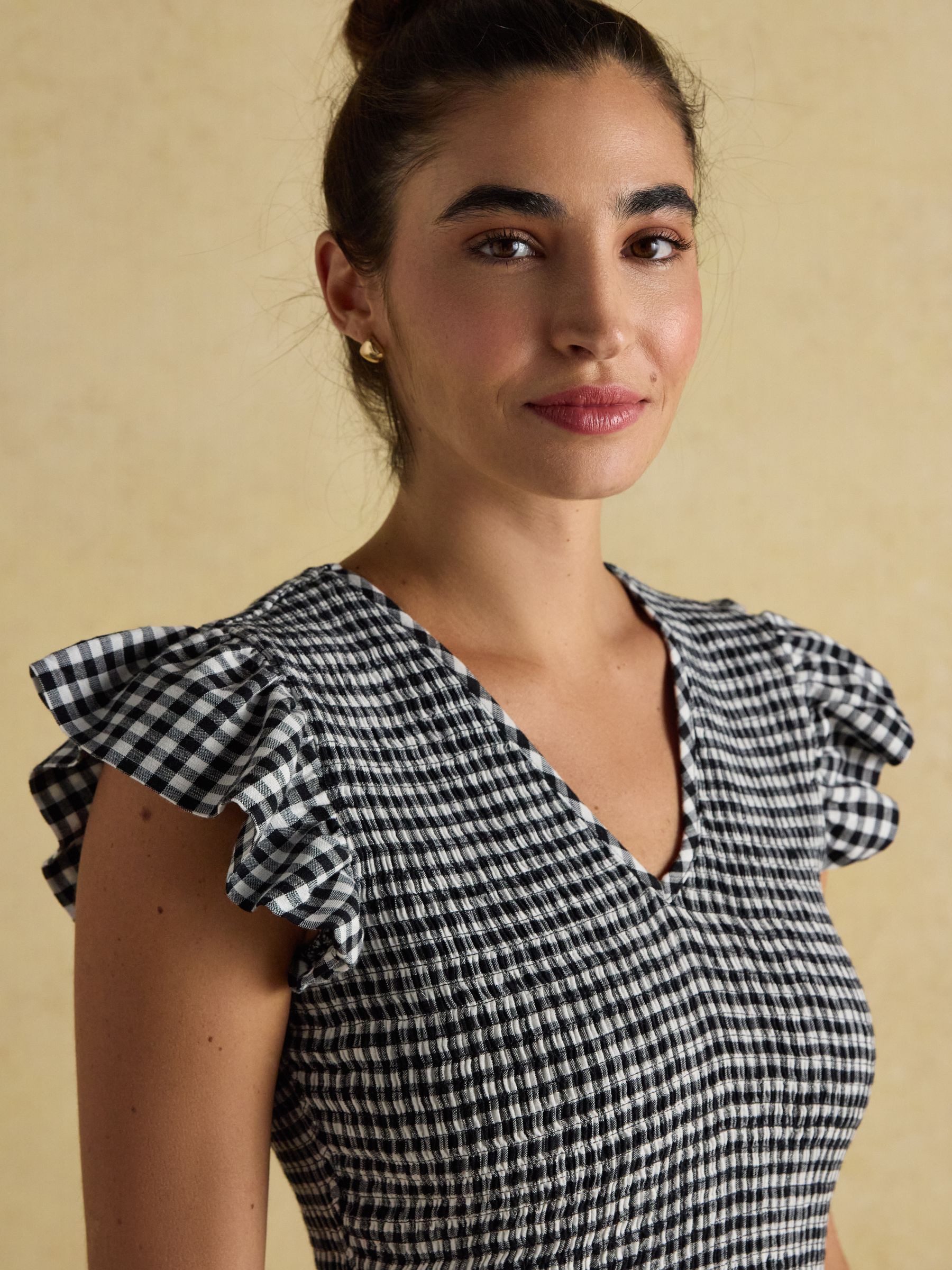Esme Black Gingham Shirred Midi Dress with V-Neck and Frill Sleeves - Image 3 of 7