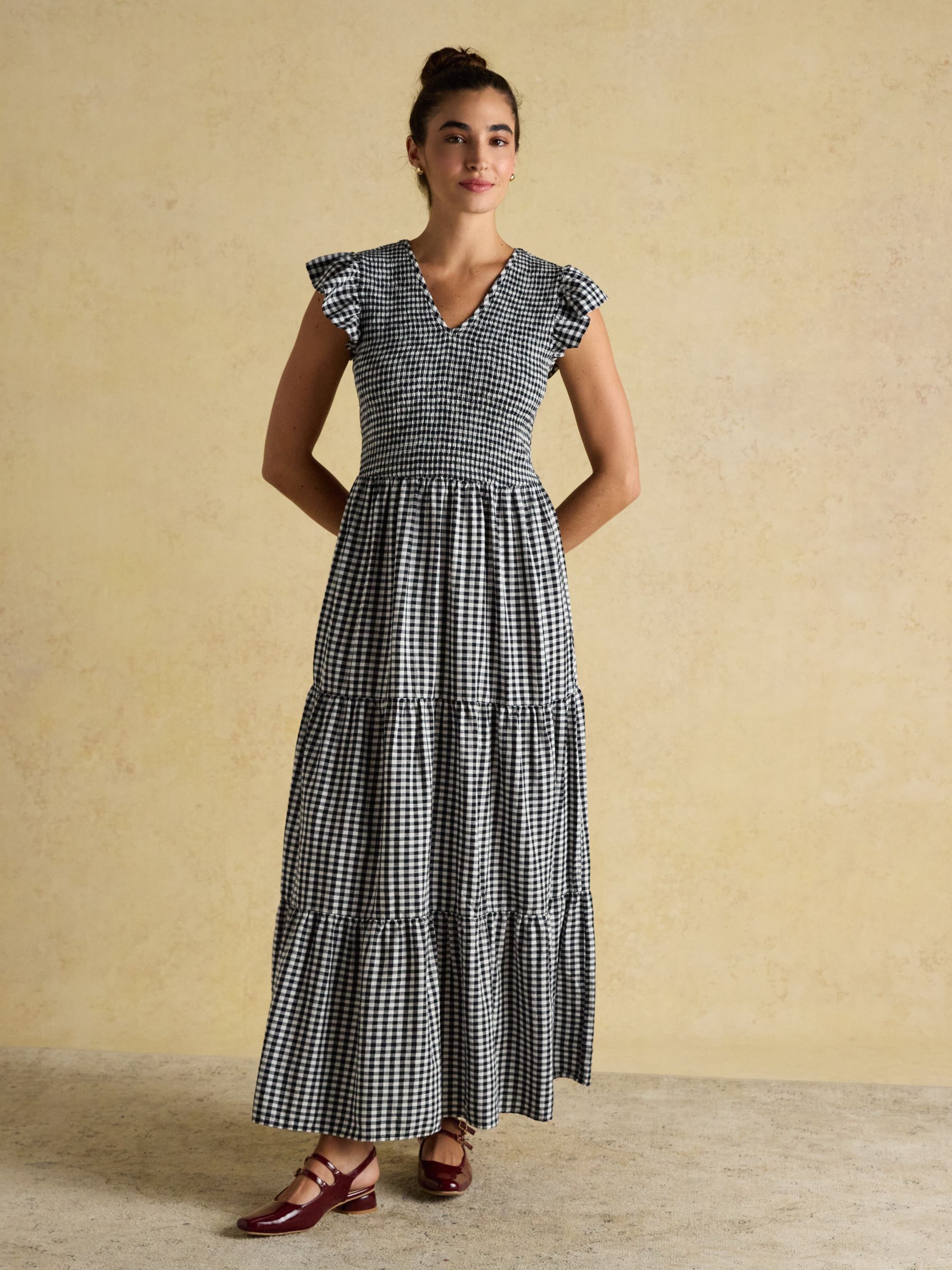 Esme Black Gingham Shirred Midi Dress with V-Neck and Frill Sleeves - Image 4 of 7