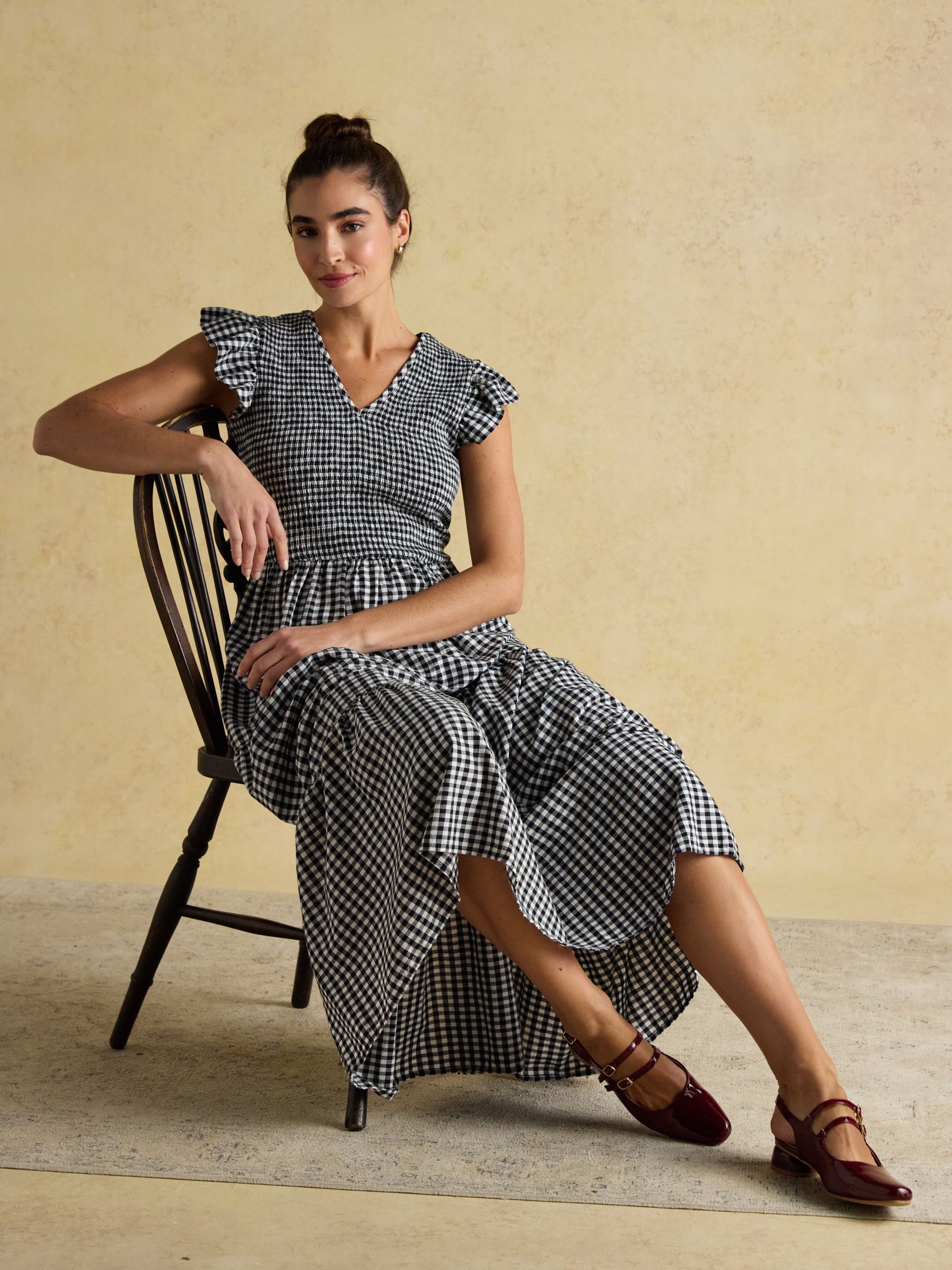 Esme Black Gingham Shirred Midi Dress with V-Neck and Frill Sleeves - Image 6 of 7