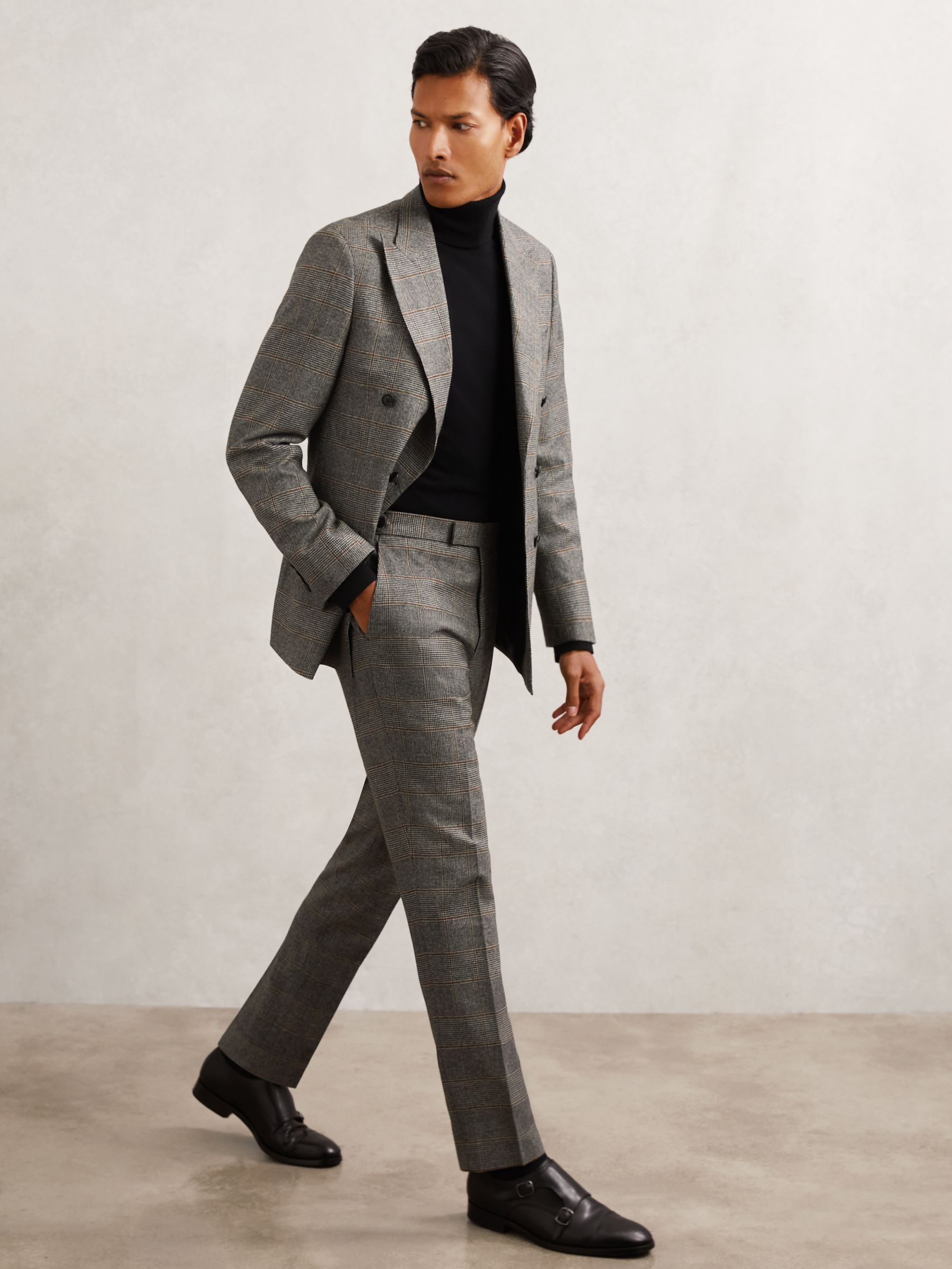 Wool Check Tailored-Fit Suit Trousers in Charcoal Grey - Image 1 of 7