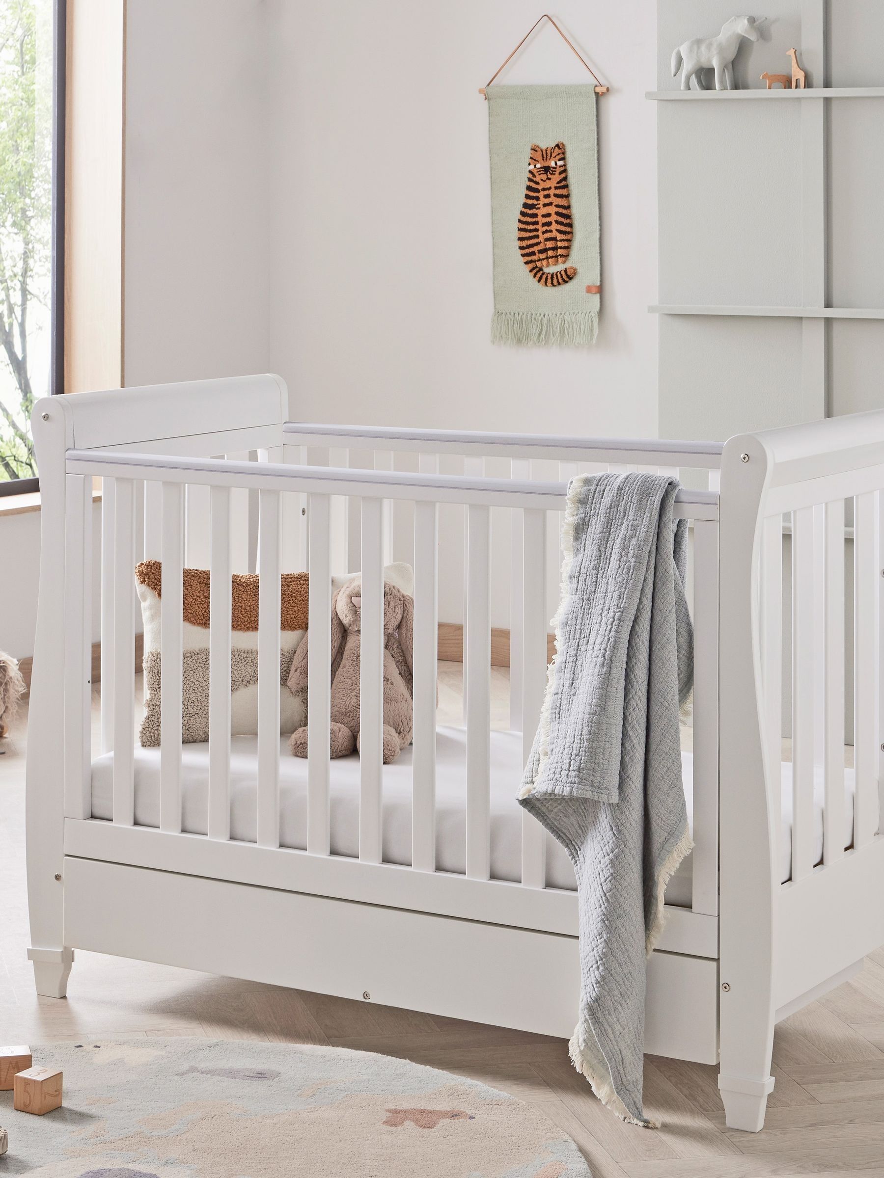 Babymore White Eva Sleigh Cot Bed Dropside with Drawer - Image 1 of 5