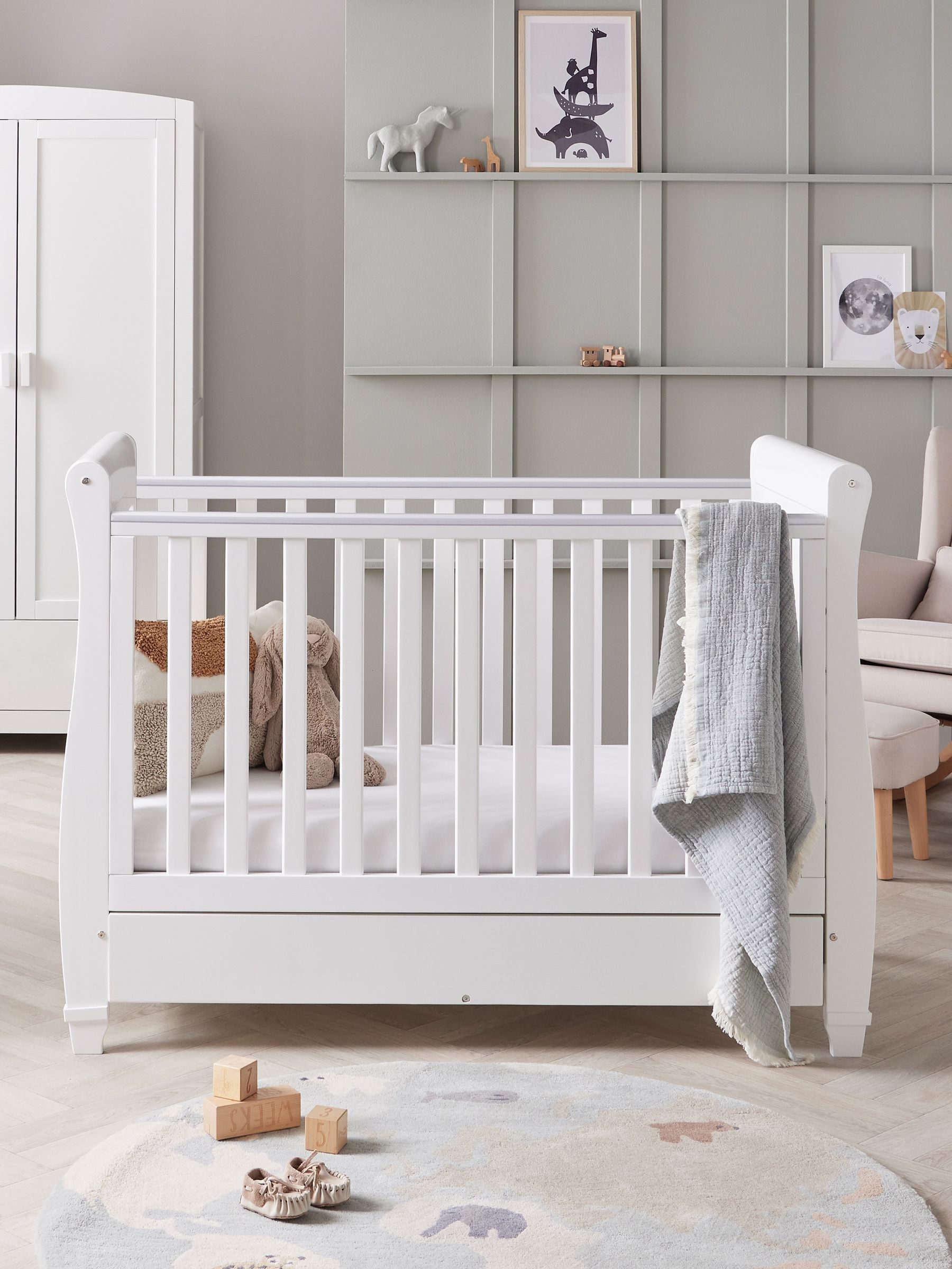 Babymore White Eva Sleigh Cot Bed Dropside with Drawer - Image 2 of 5
