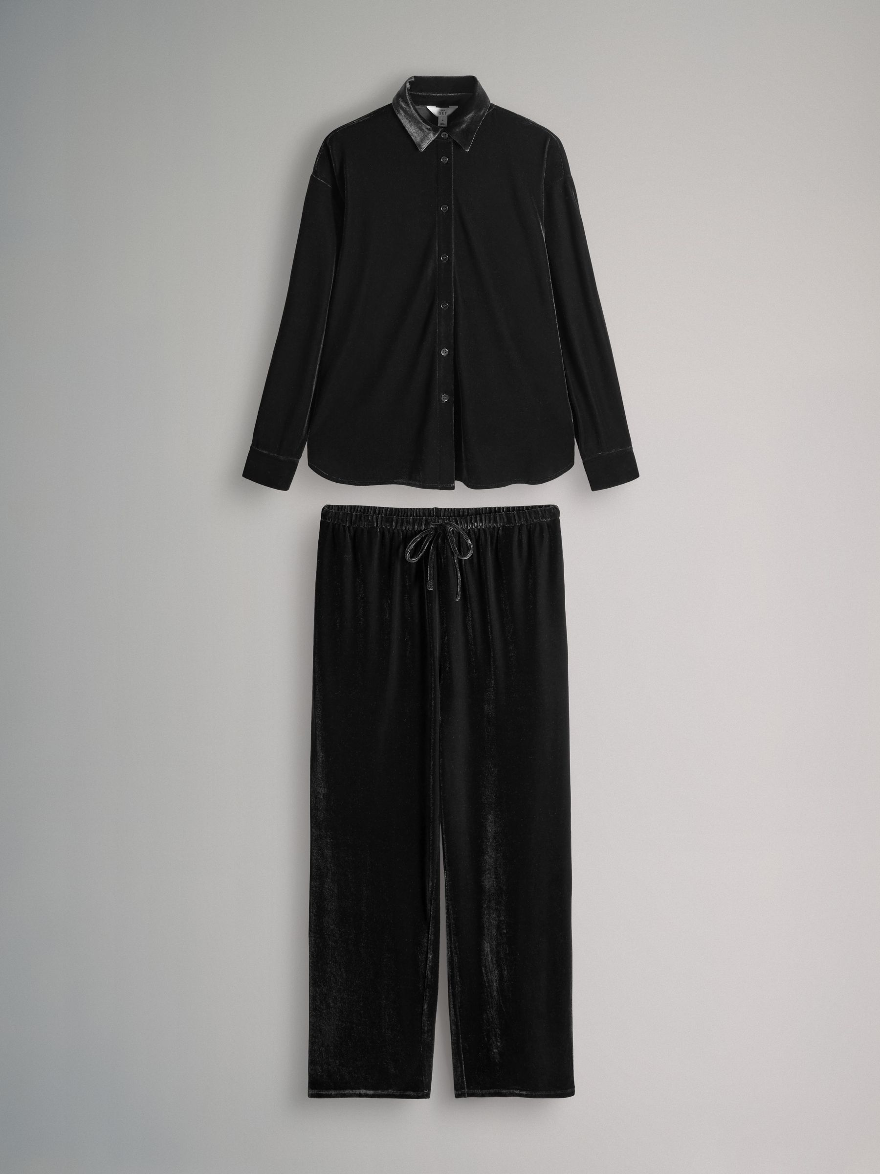 Black 2 Piece Velvet Shirt and Trousers Set - Image 1 of 6 Black 2 Piece Velvet Shirt and Trousers Set - Image 1 of 6