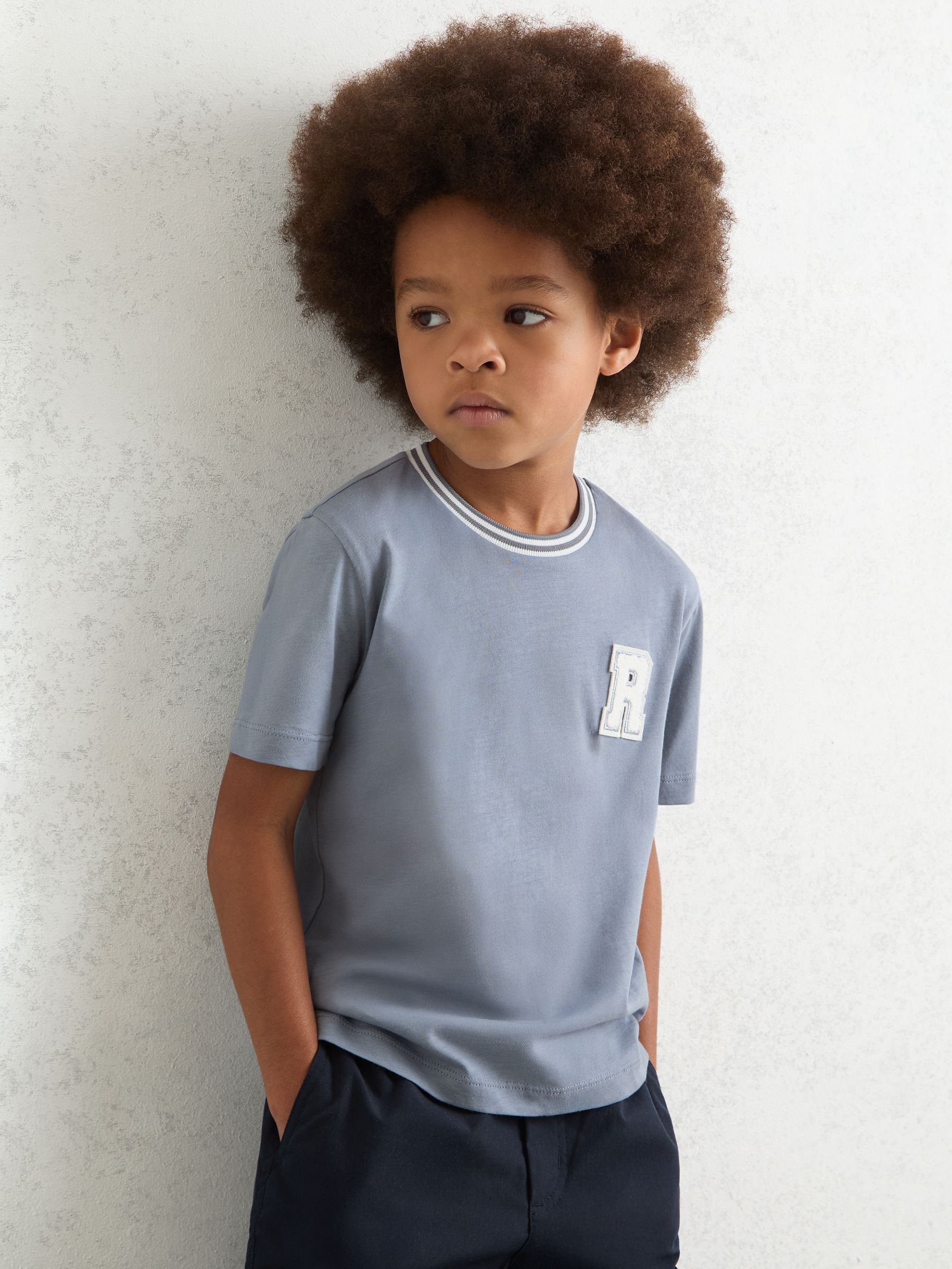 3-9 yrs Cotton Letter Patch T-Shirt in Airforce Blue - Image 1 of 4