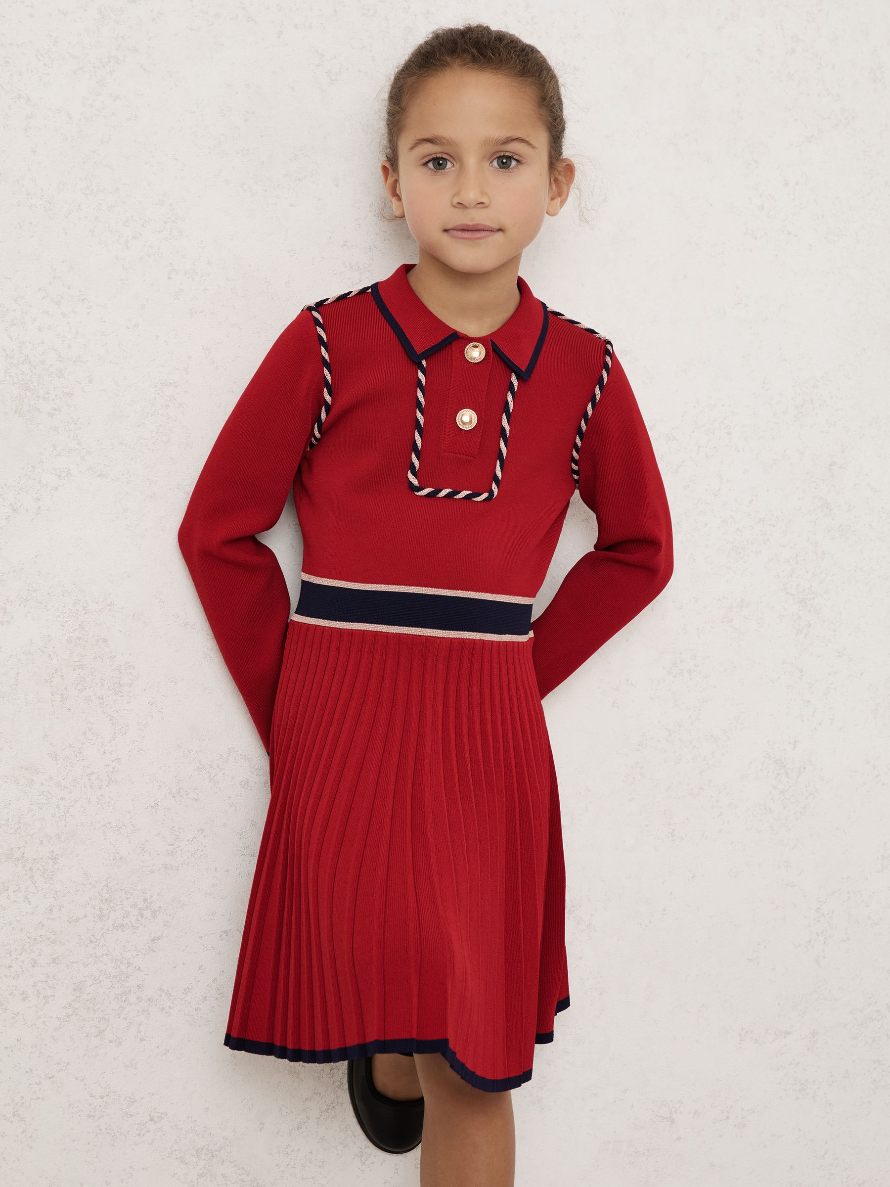 13-14 yrs Piped Knitted Skater Dress in Red - Image 3 of 4