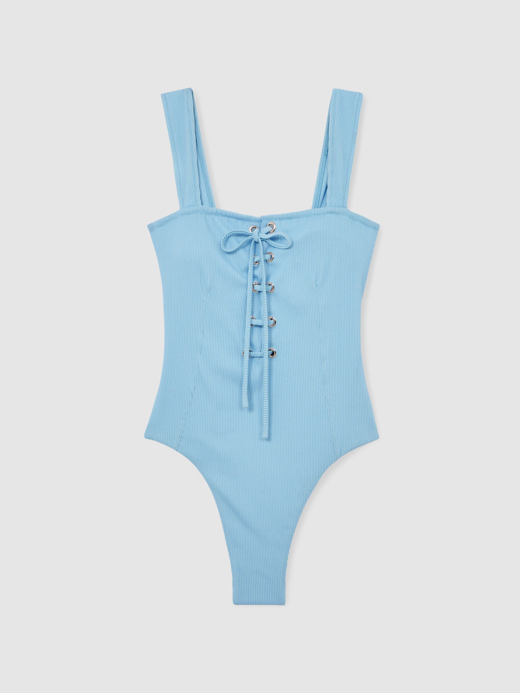 Ribbed Lace-Up Swimsuit in Blue - Image 2 of 5