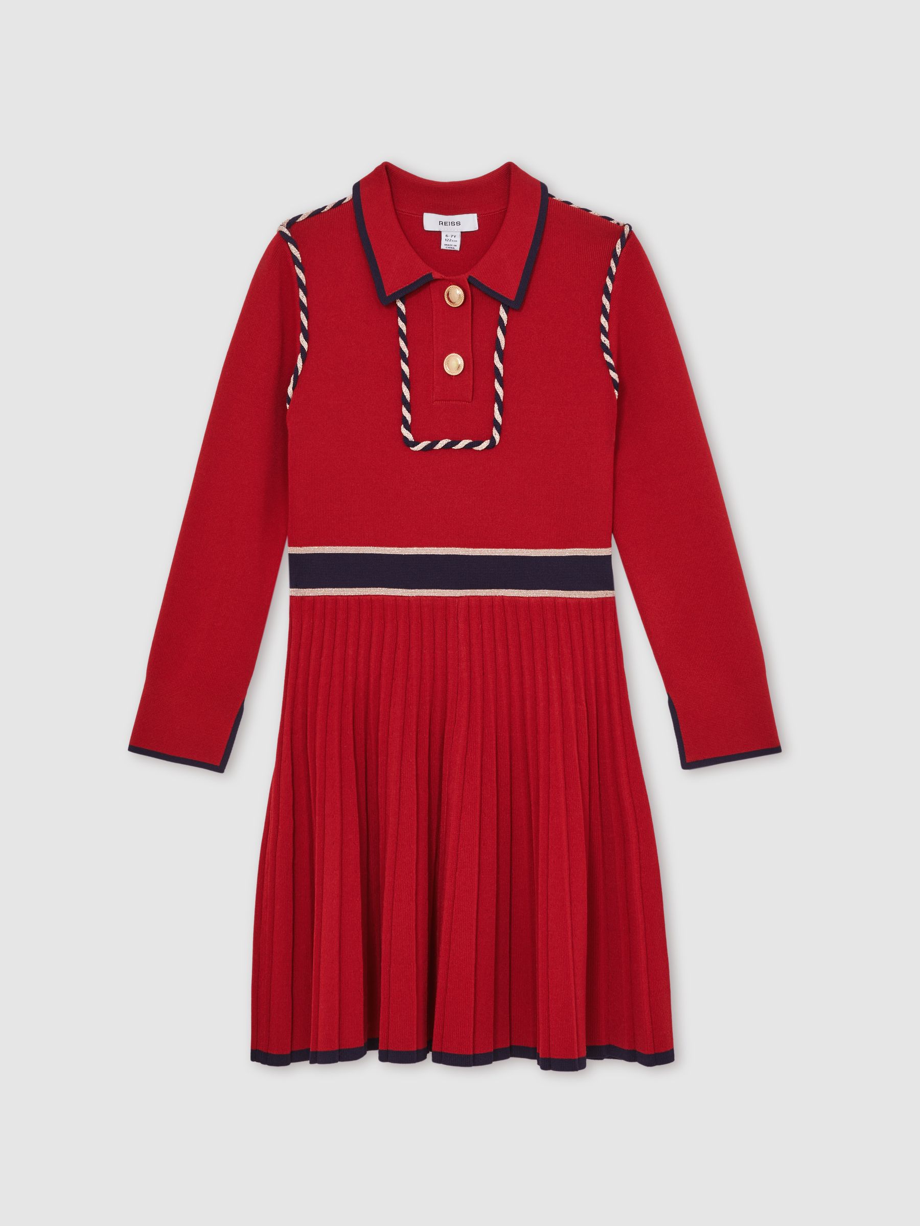 3-9 yrs Piped Knitted Skater Dress in Red - Image 2 of 4