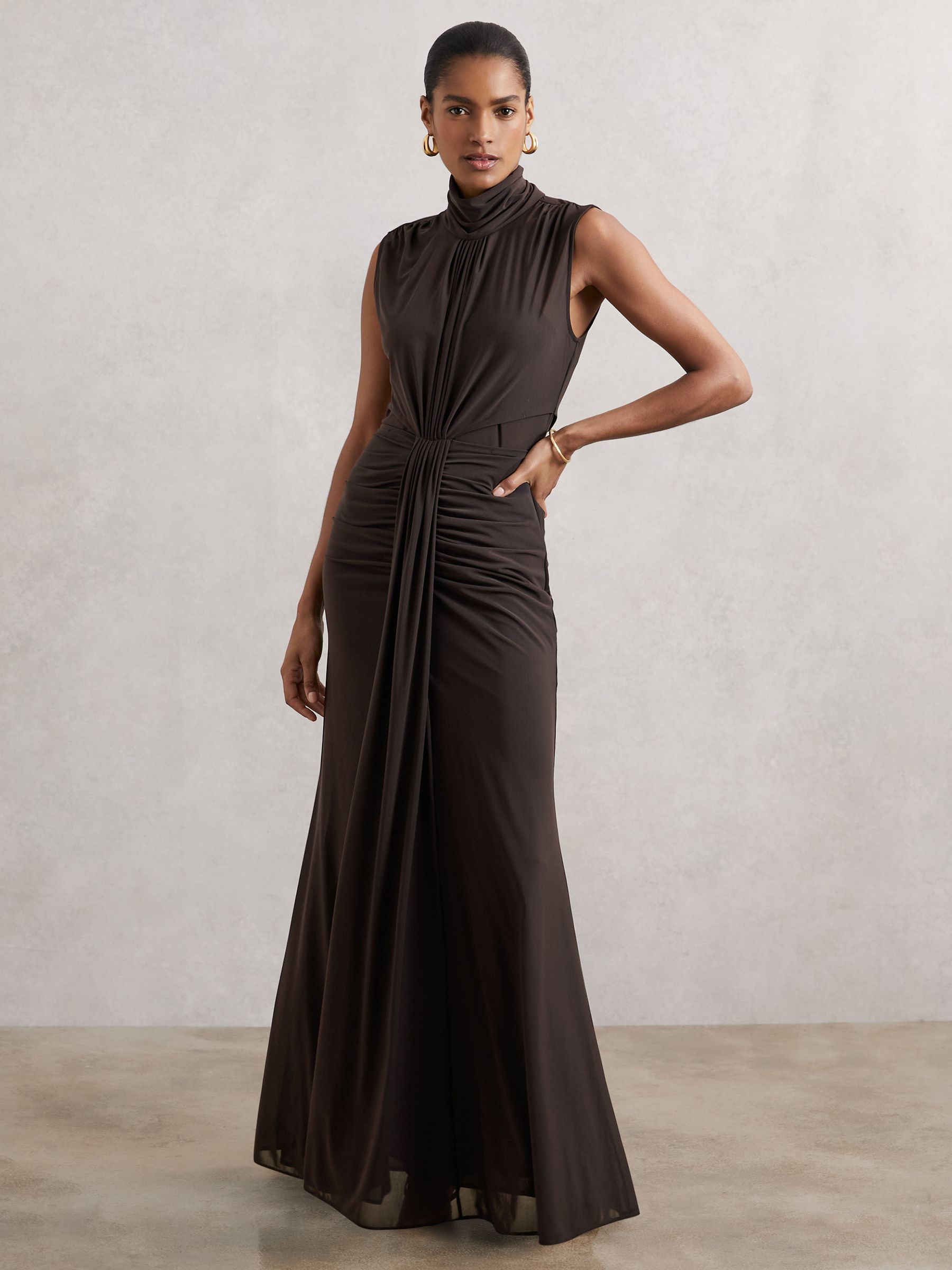 Reiss Sheer Ruched Maxi Dress in Grape | REISS