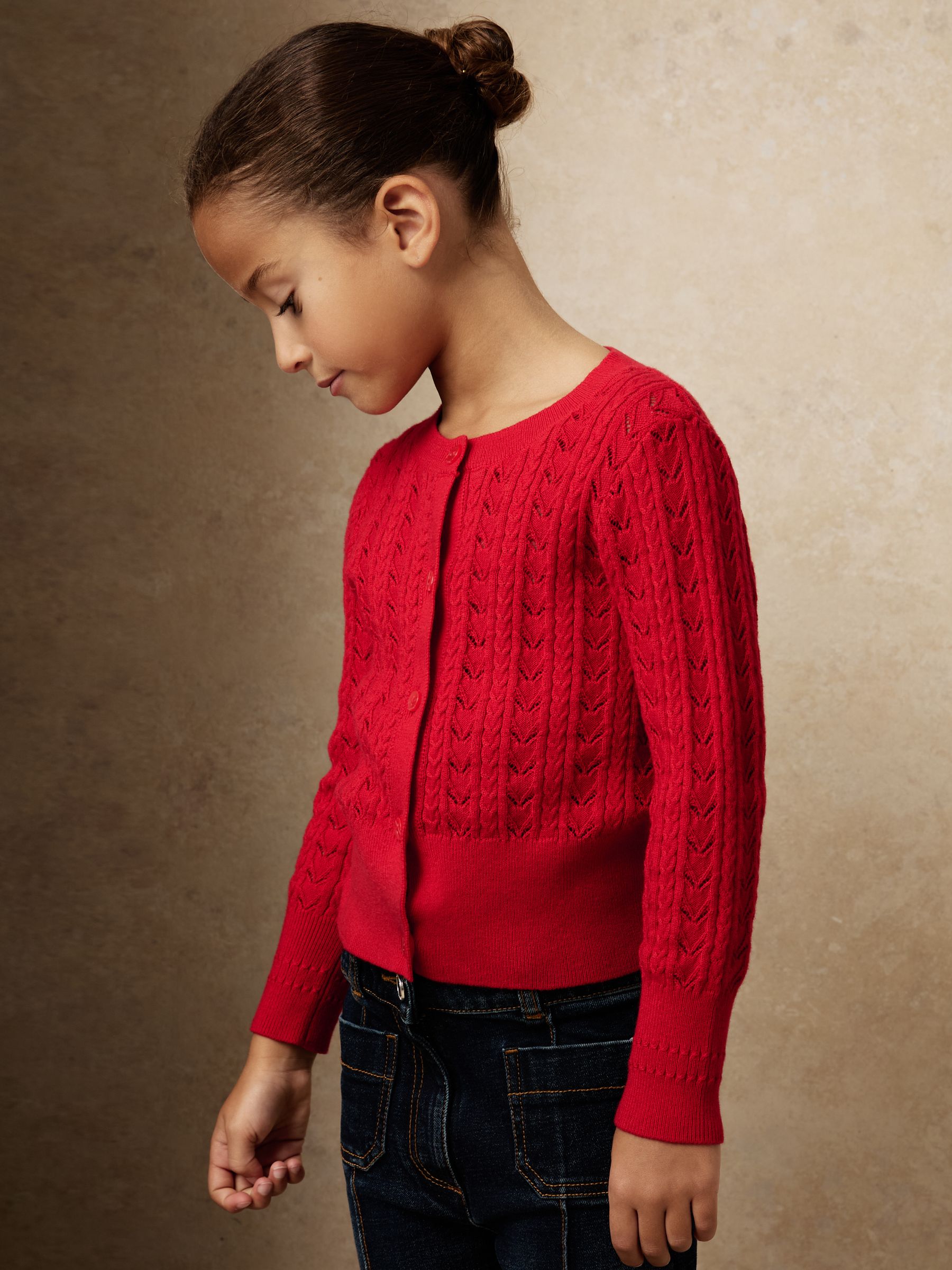 13-14 yrs Wool-Cotton Pointelle Cardigan in Red - Image 3 of 5