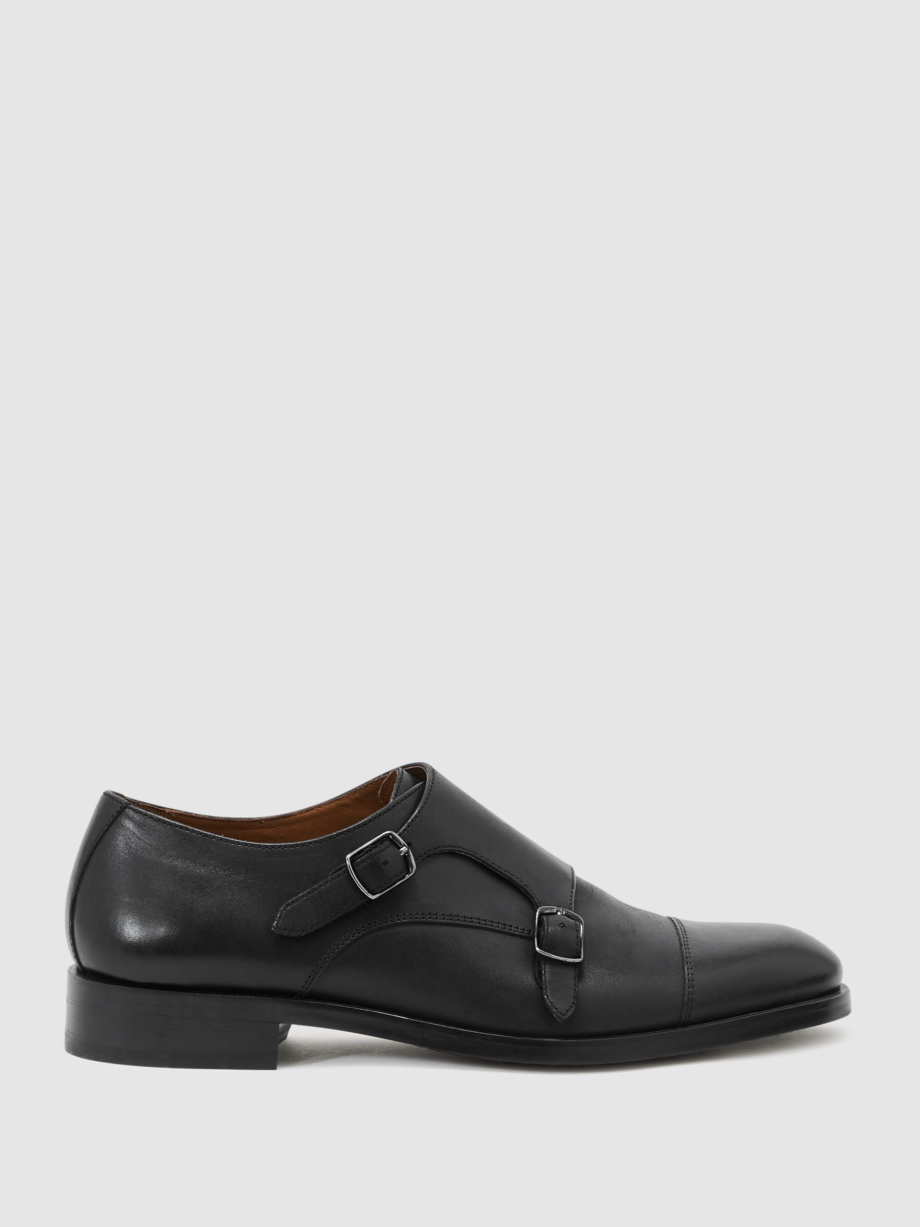 Leather Double Monk Strap Shoes in Black - Image 2 of 6