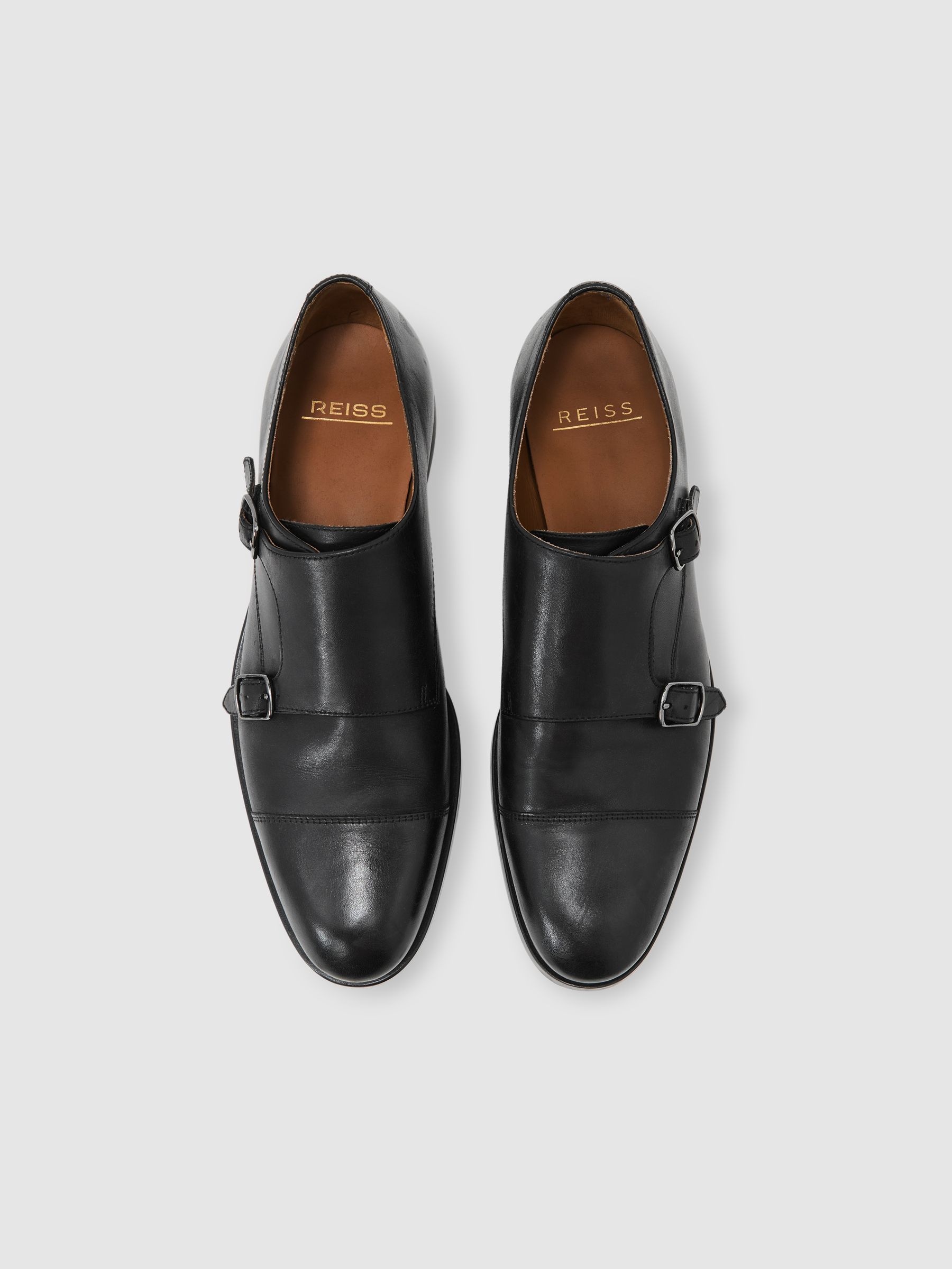 Leather Double Monk Strap Shoes in Black - Image 3 of 6