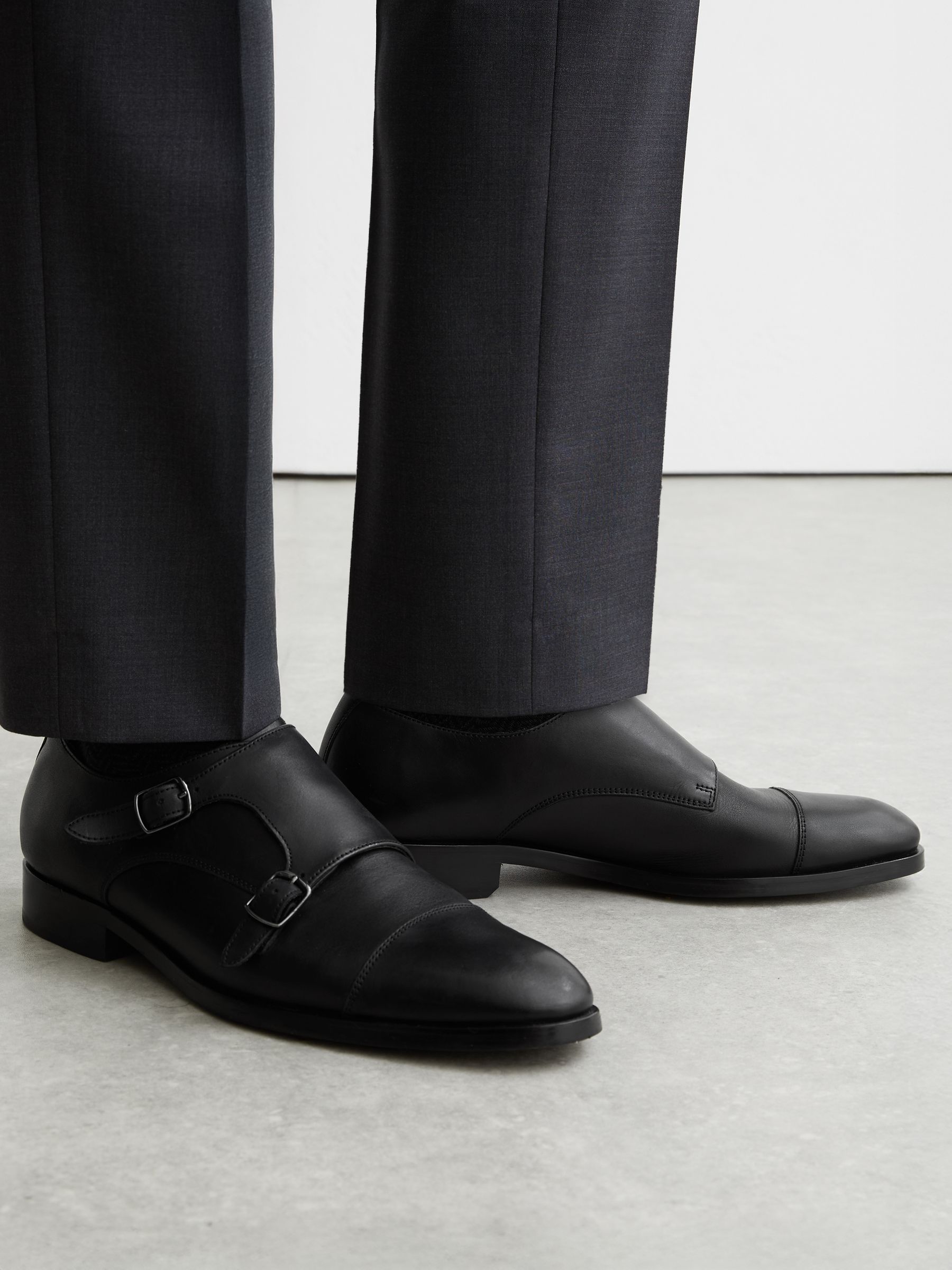 Leather Double Monk Strap Shoes in Black - Image 4 of 6