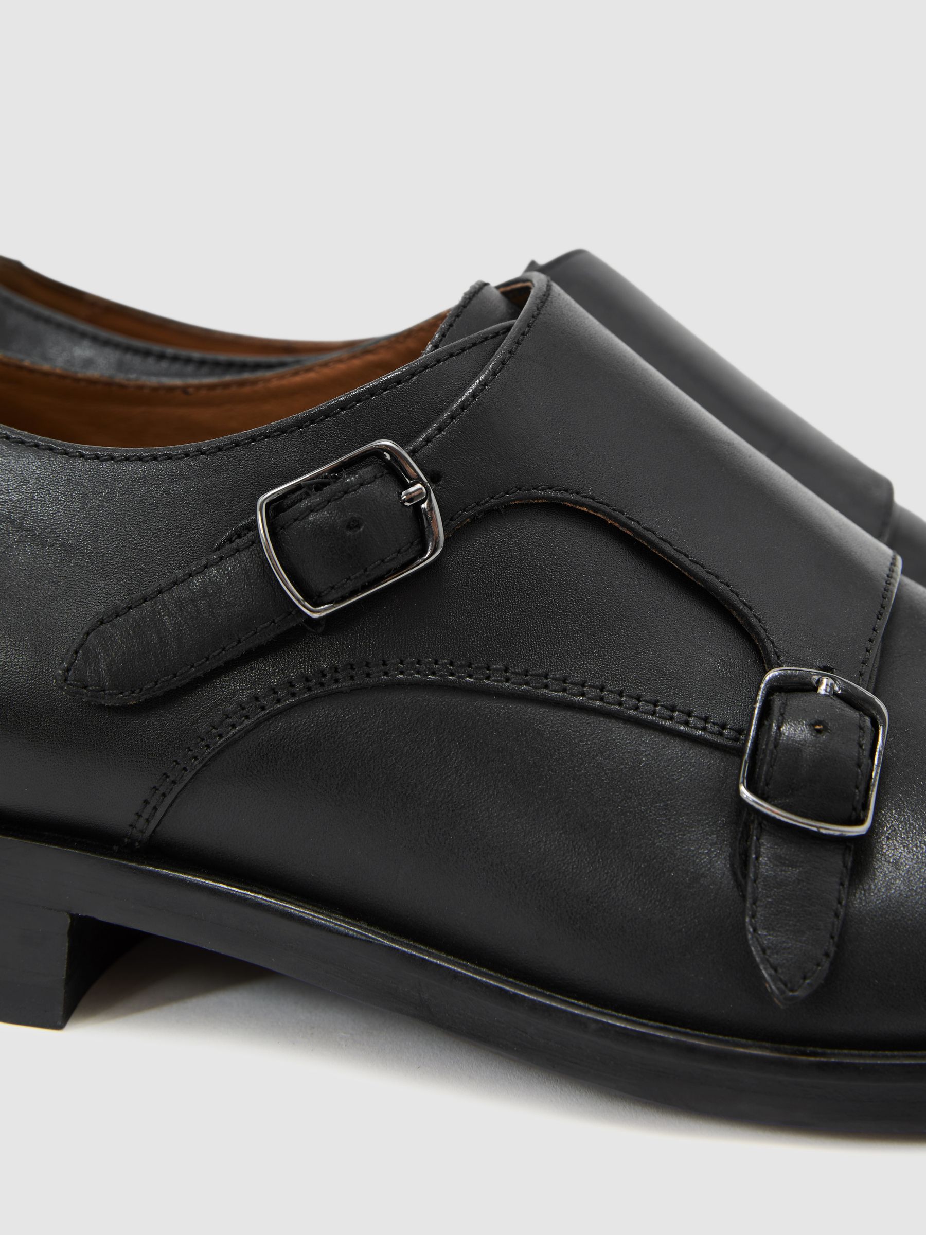 Leather Double Monk Strap Shoes in Black - Image 6 of 6