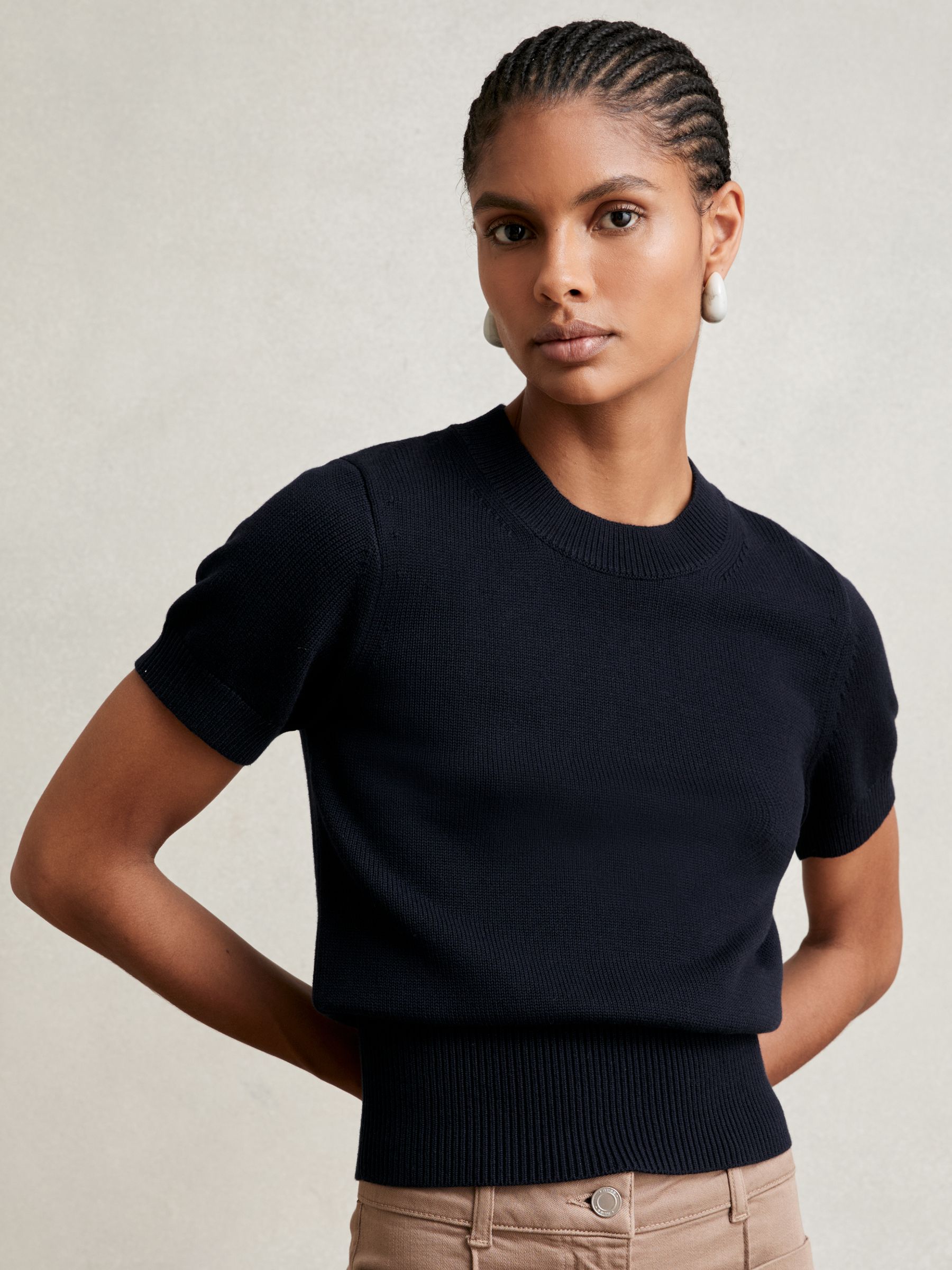 Cotton And Wool Crew-Neck Top in Navy - Image 4 of 6