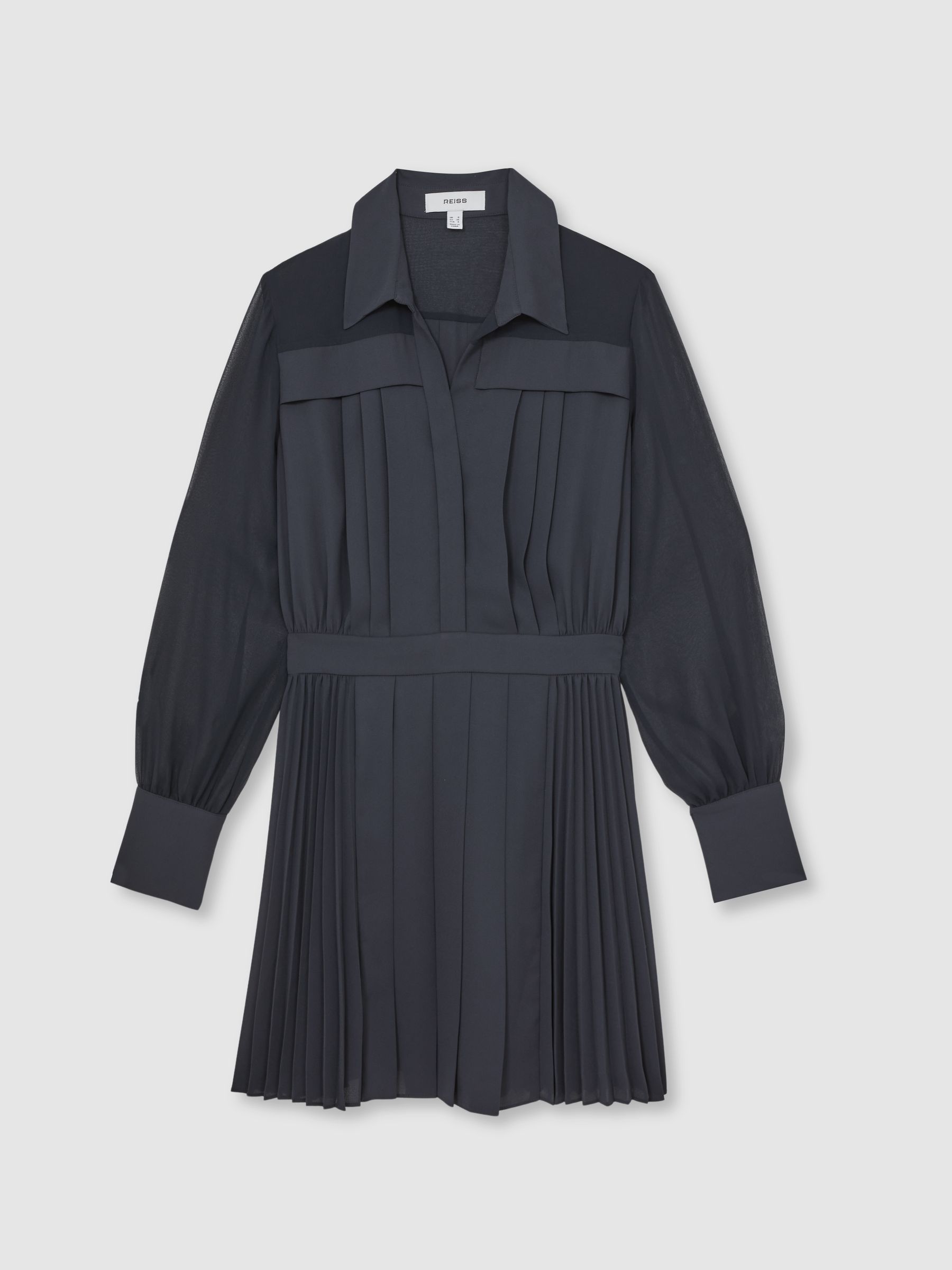 Pleated Sheer-Sleeve Mini Dress in Navy - Image 2 of 6