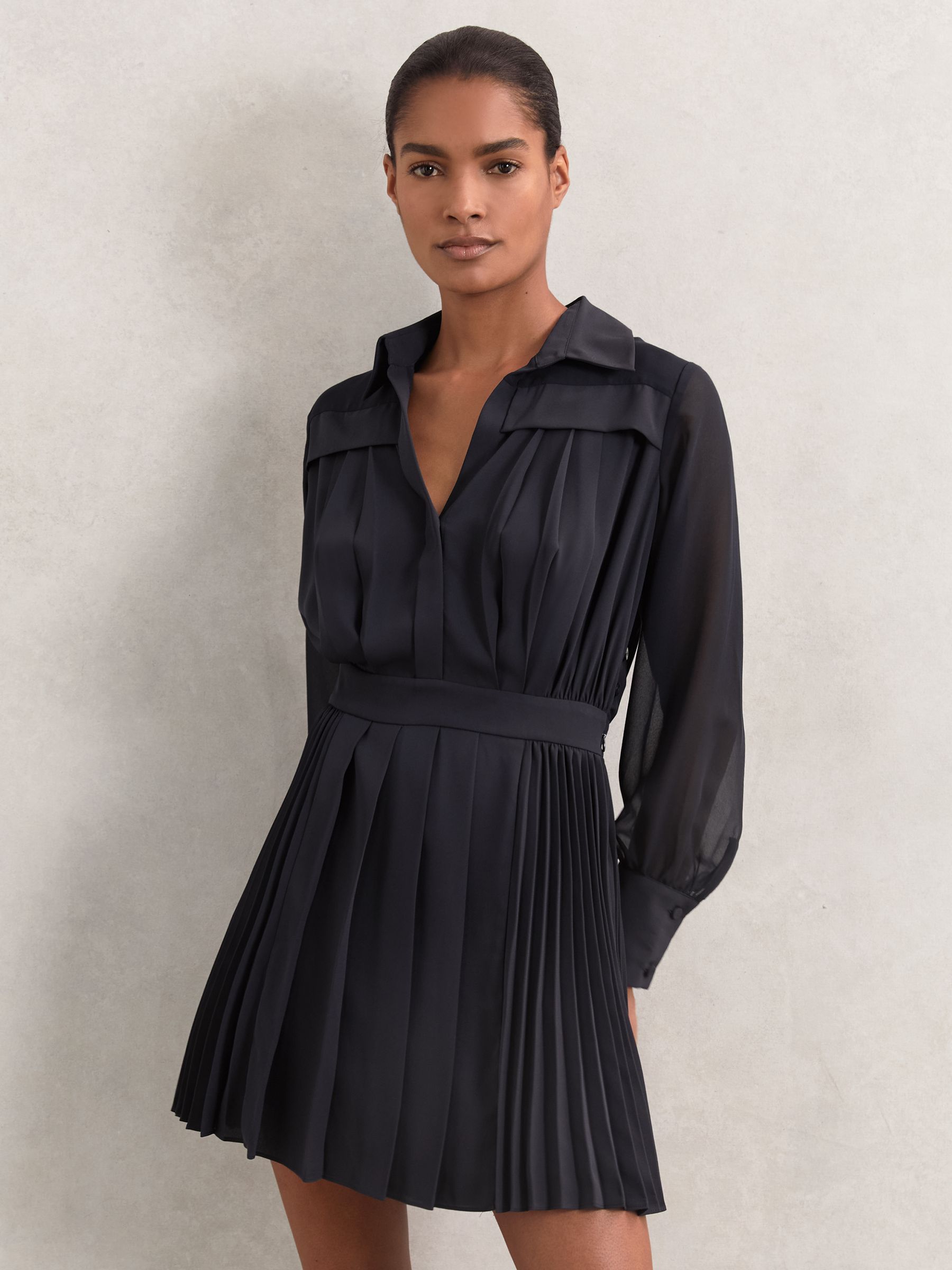 Pleated Sheer-Sleeve Mini Dress in Navy - Image 3 of 6