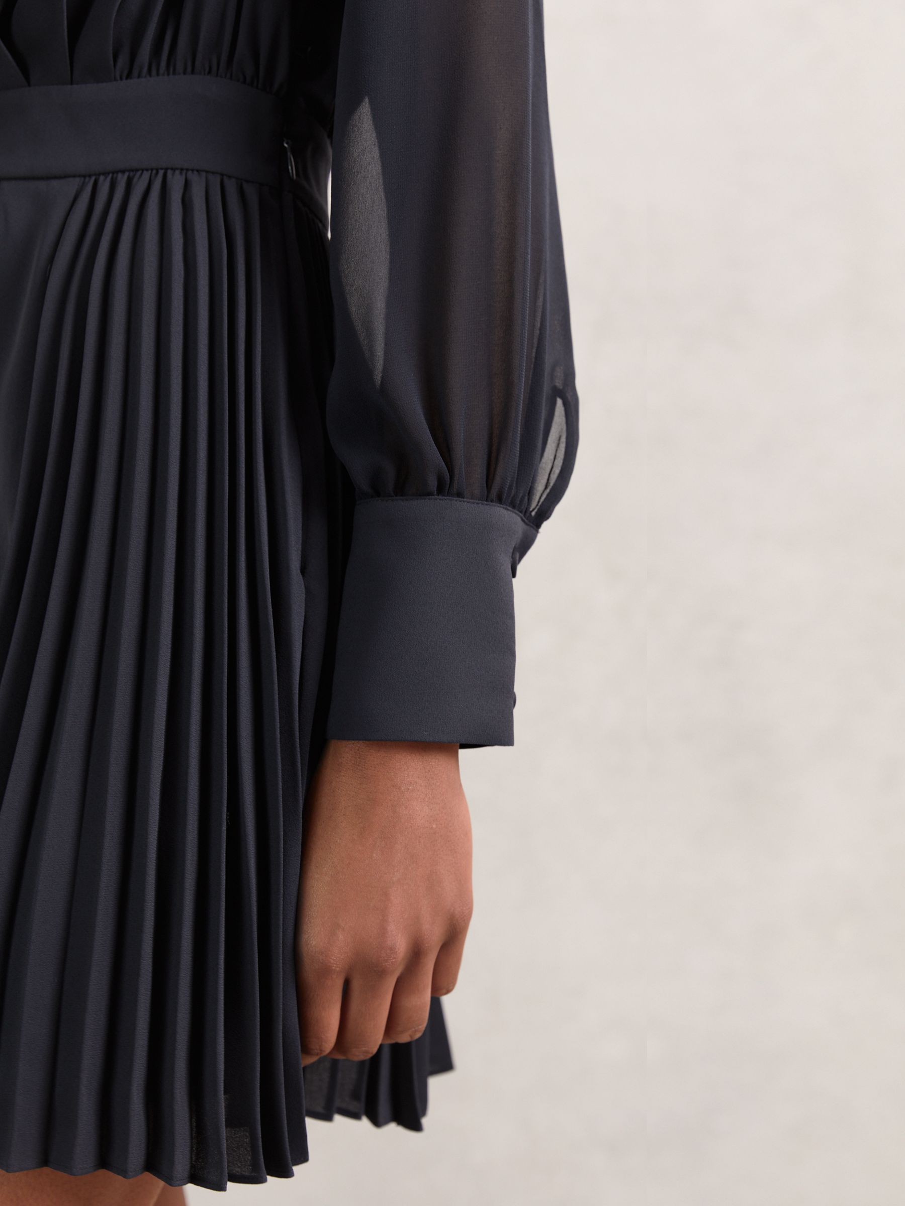 Pleated Sheer-Sleeve Mini Dress in Navy - Image 4 of 6