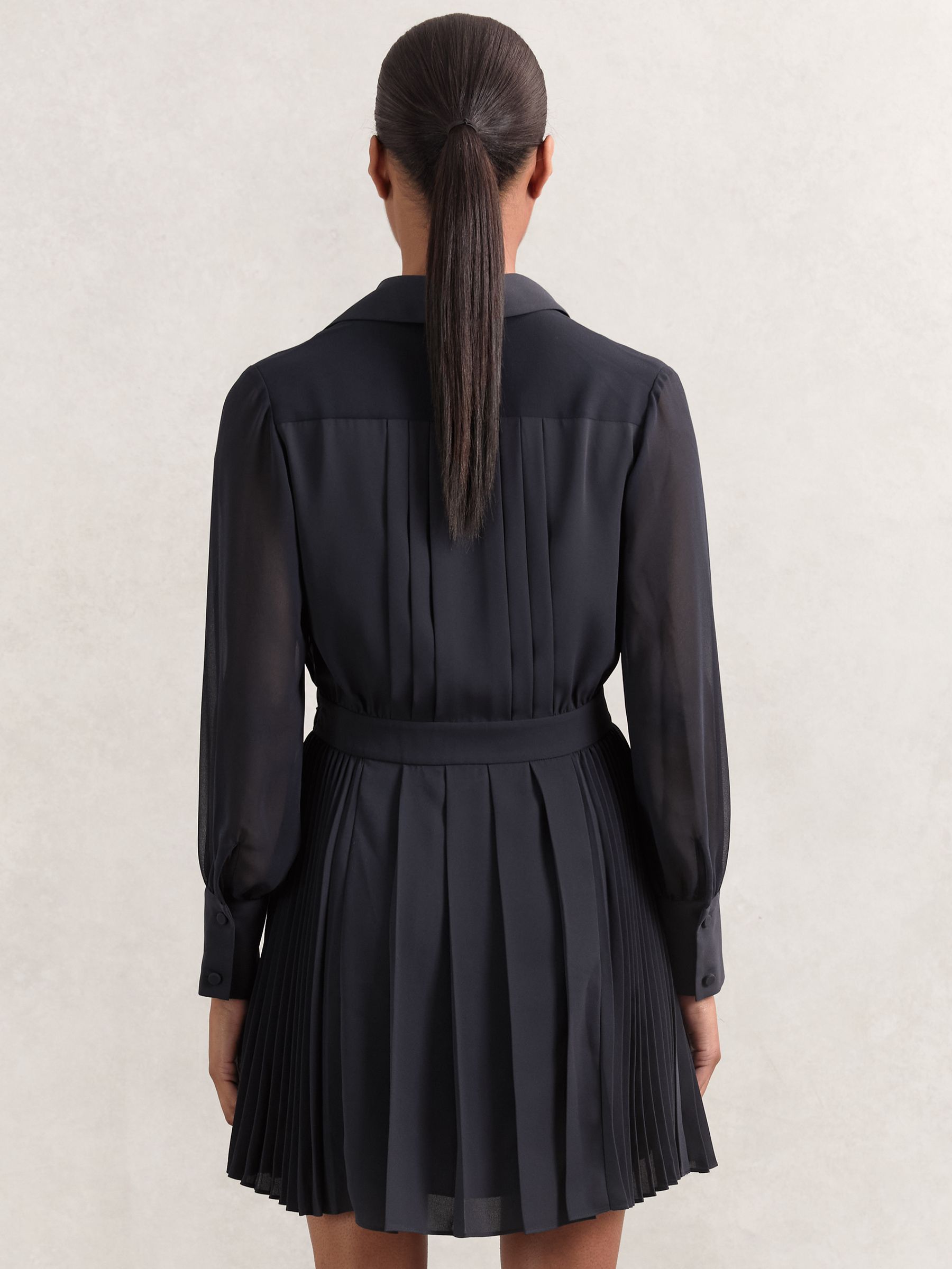 Pleated Sheer-Sleeve Mini Dress in Navy - Image 5 of 6