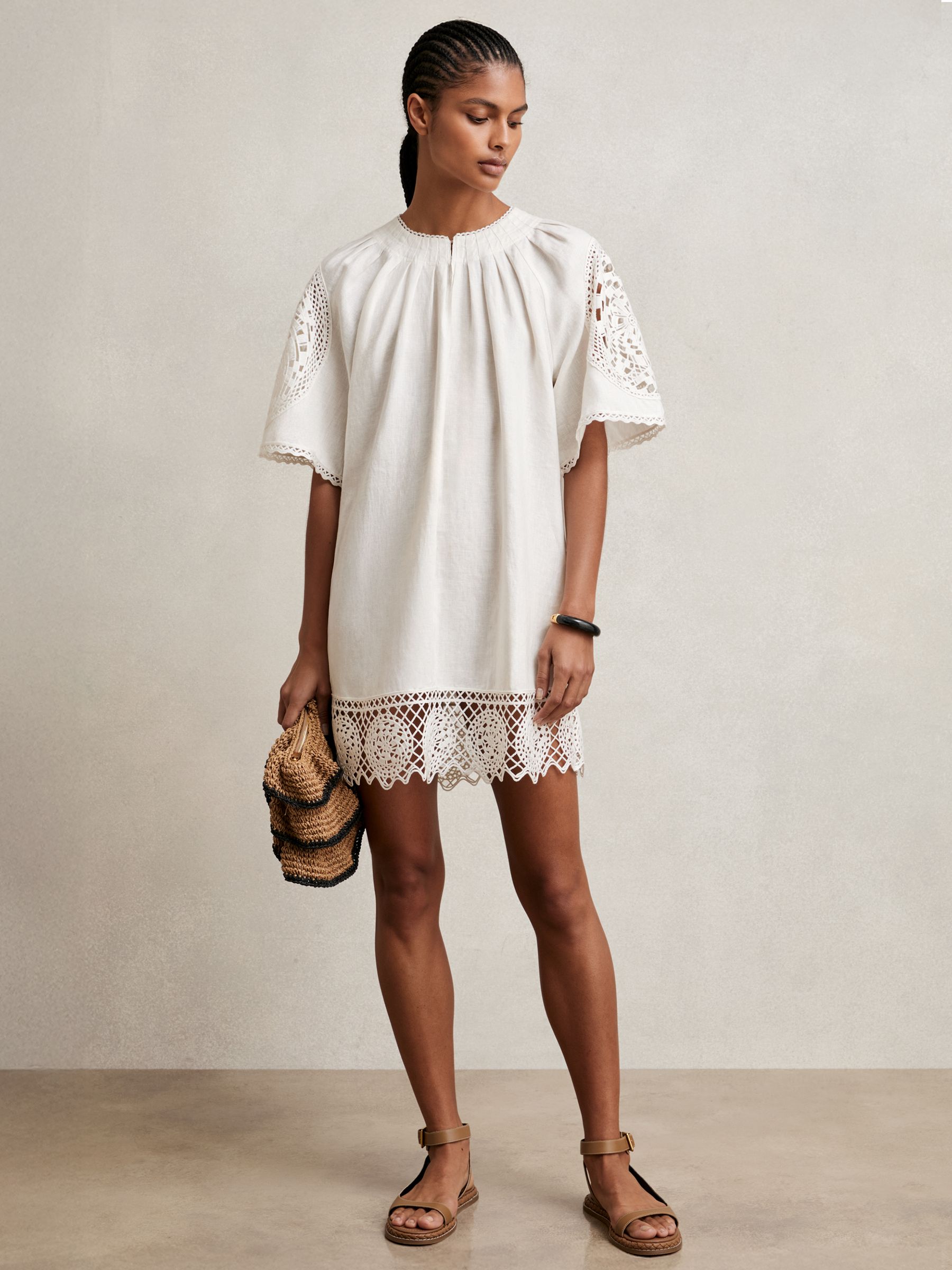 Reiss Linen Embroidered Shift Dress in Ivory | REISS