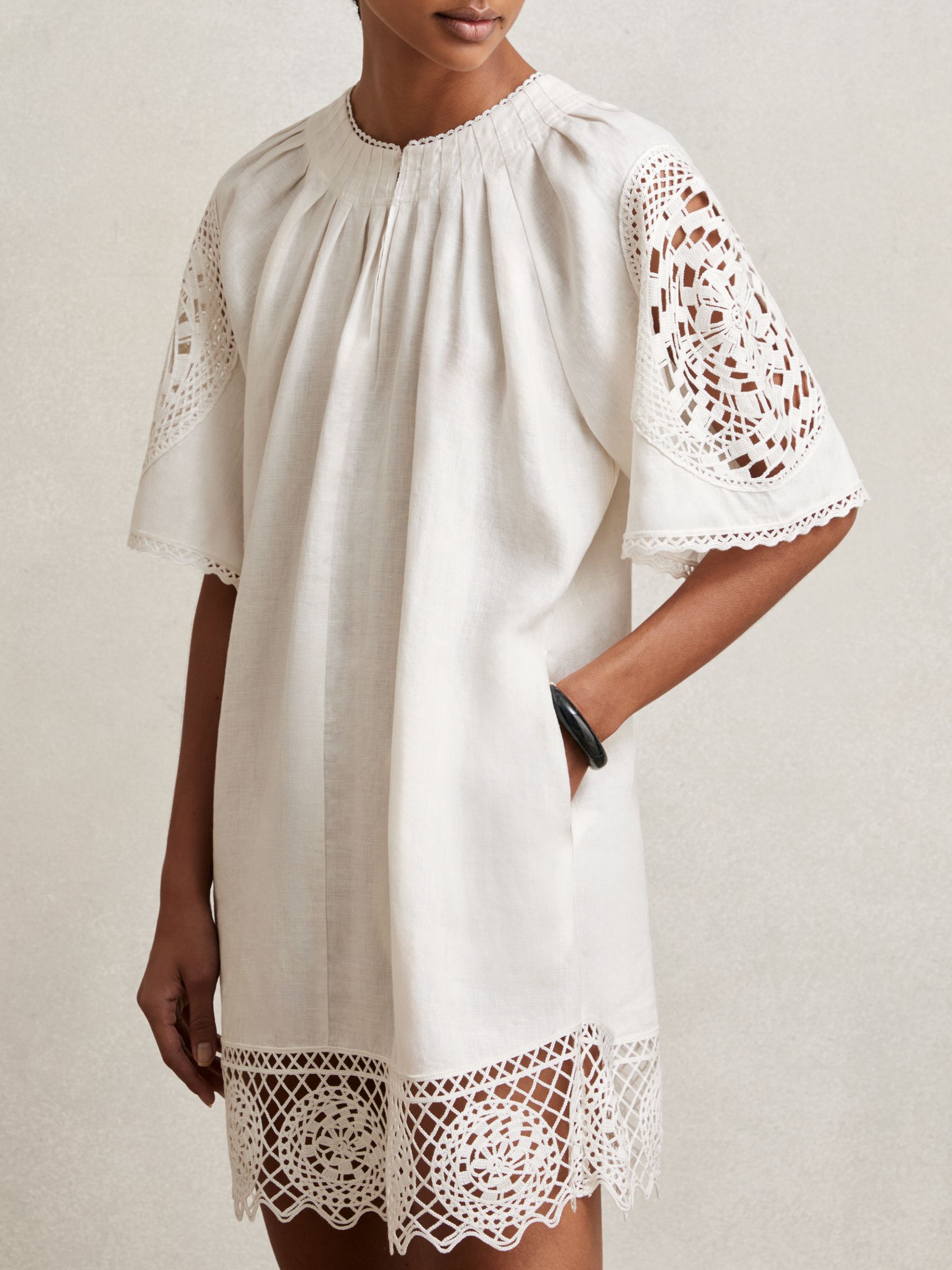 Linen Embroidered Shift Dress in Ivory - Image 4 of 7