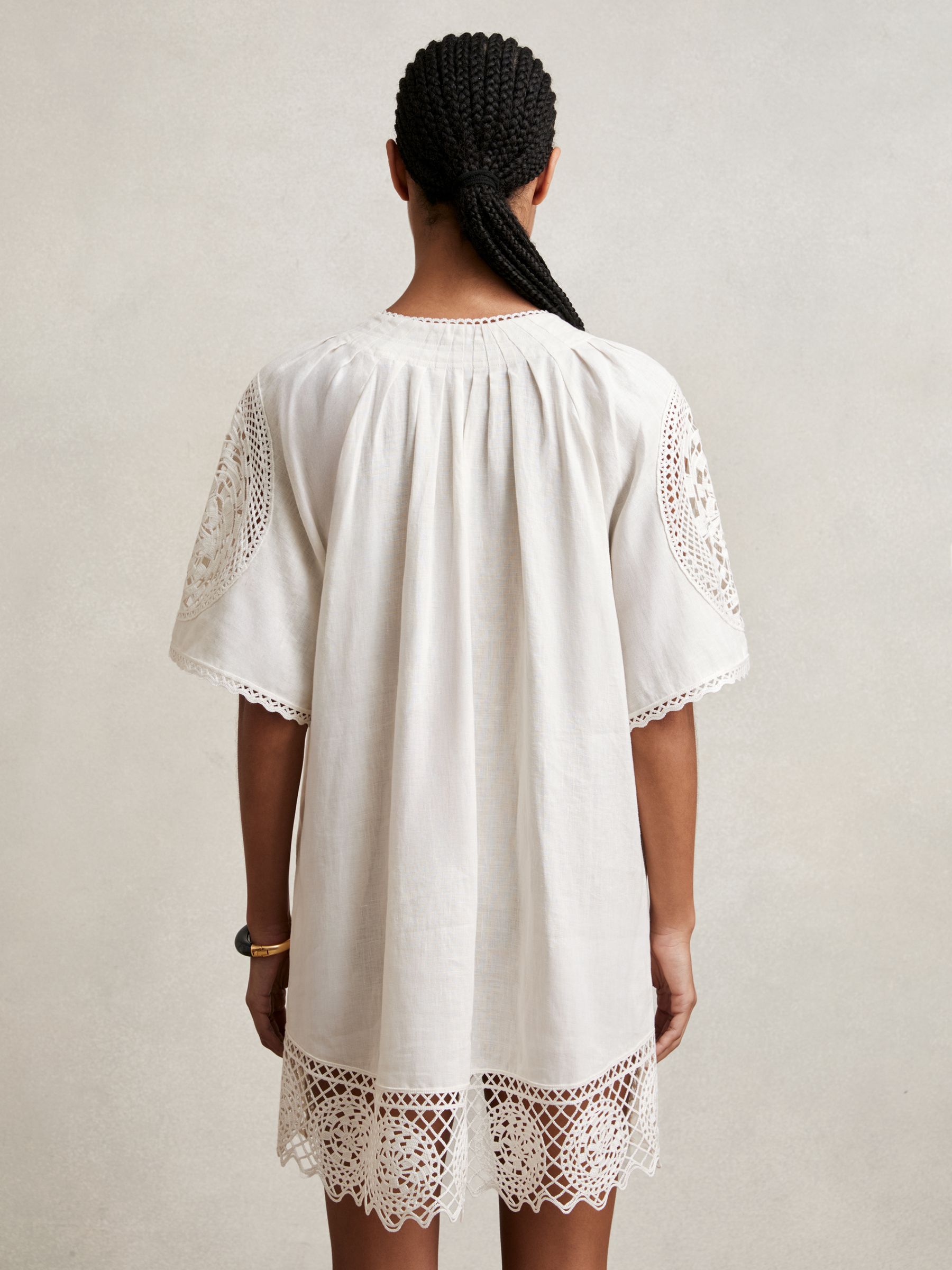 Linen Embroidered Shift Dress in Ivory - Image 6 of 7