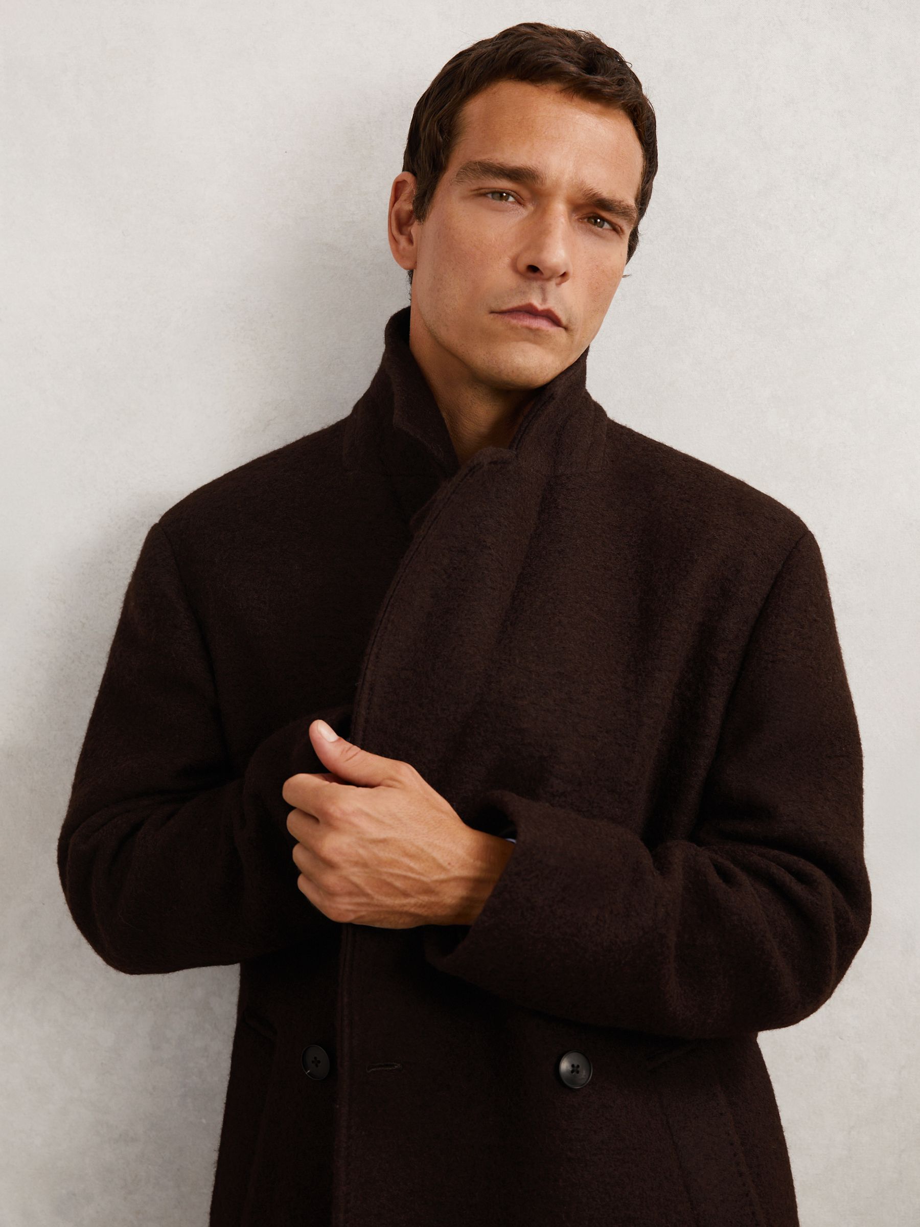 Bouclé Double-Breasted Overcoat Wool-Blend in Chocolate Brown - Image 6 of 9
