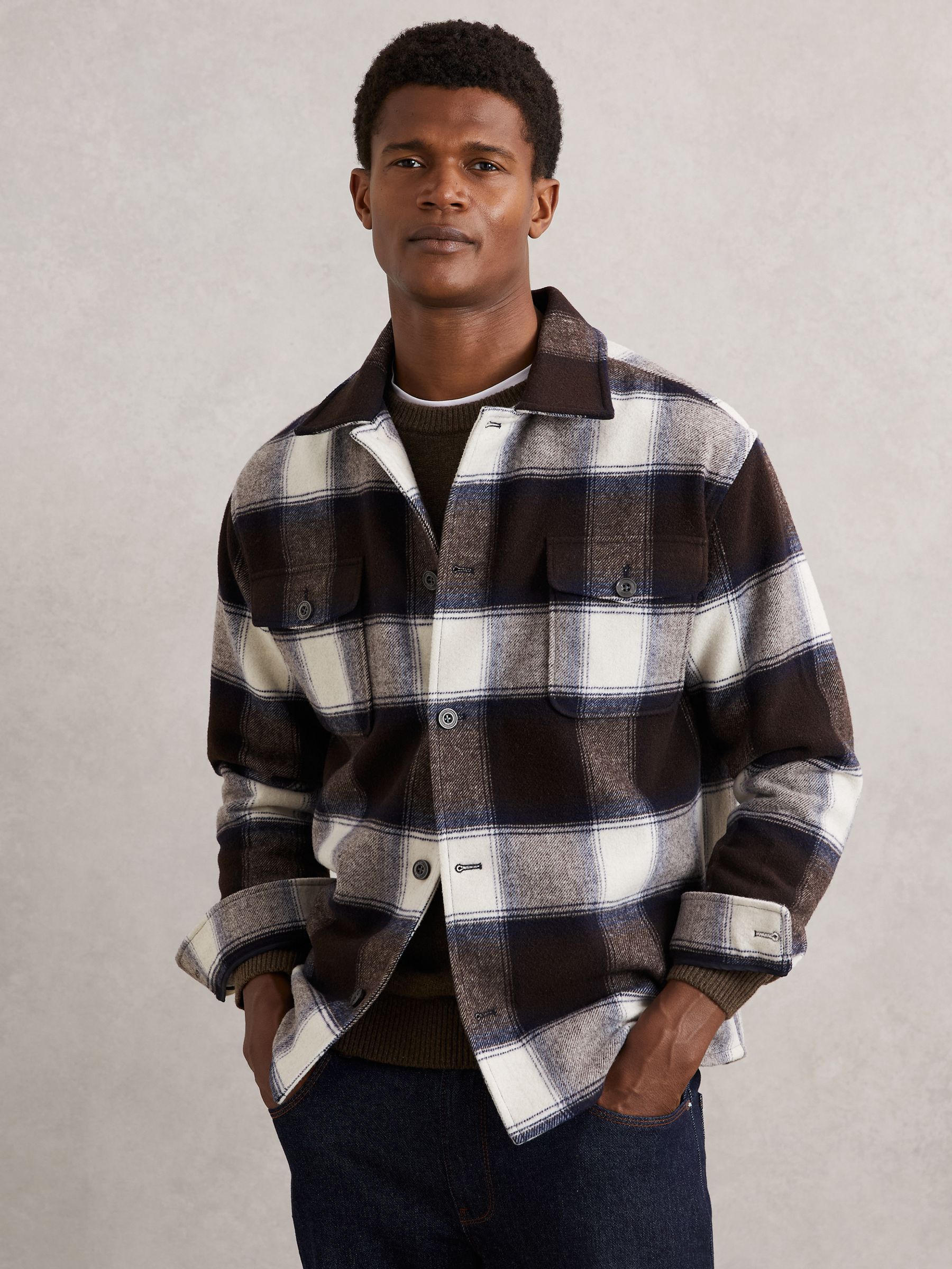 Wool-Blend Check Overshirt in Navy Multi - Image 1 of 6