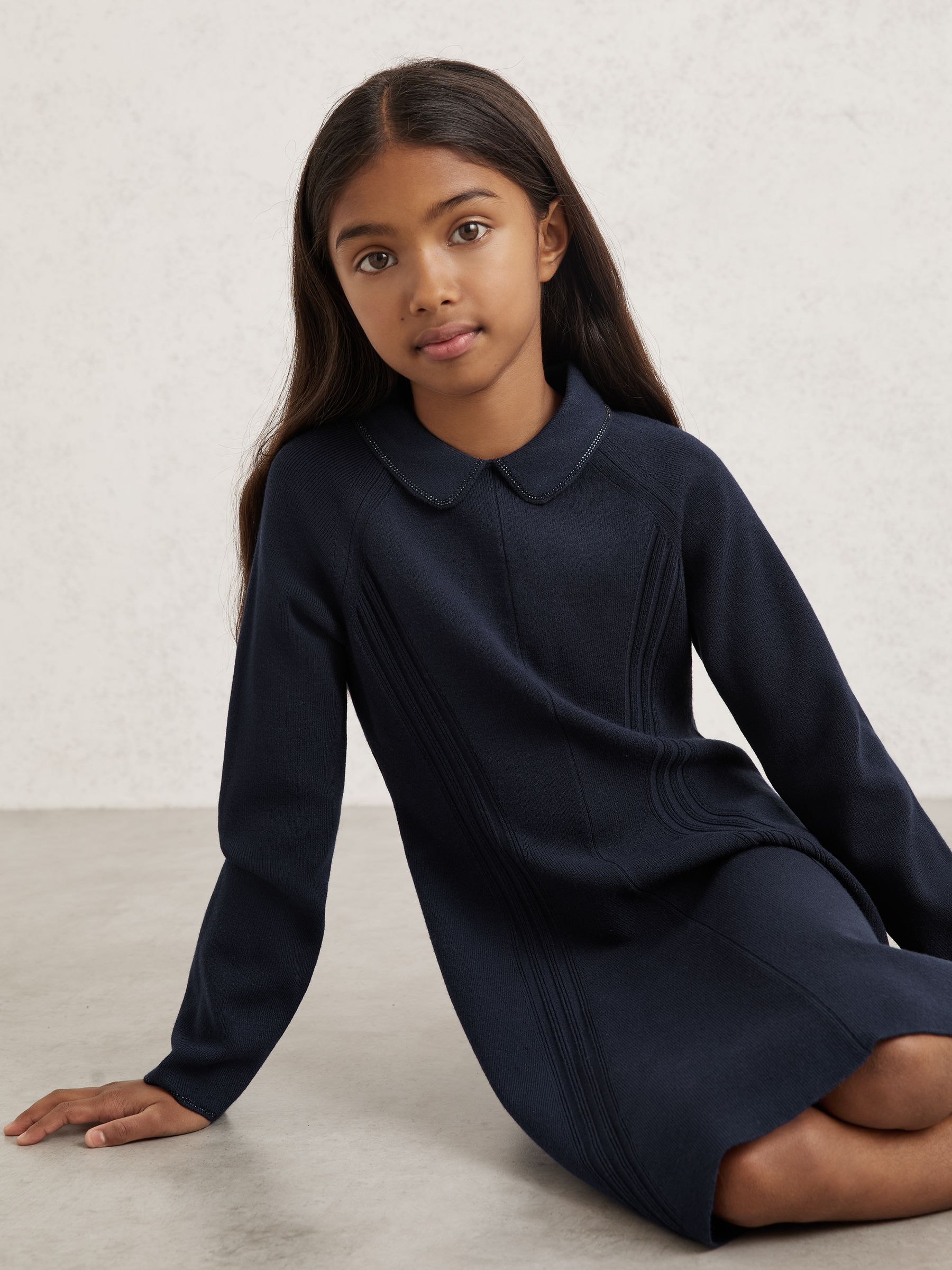 3-9 yrs Embellished Collar Knitted Dress in Navy - Image 3 of 4
