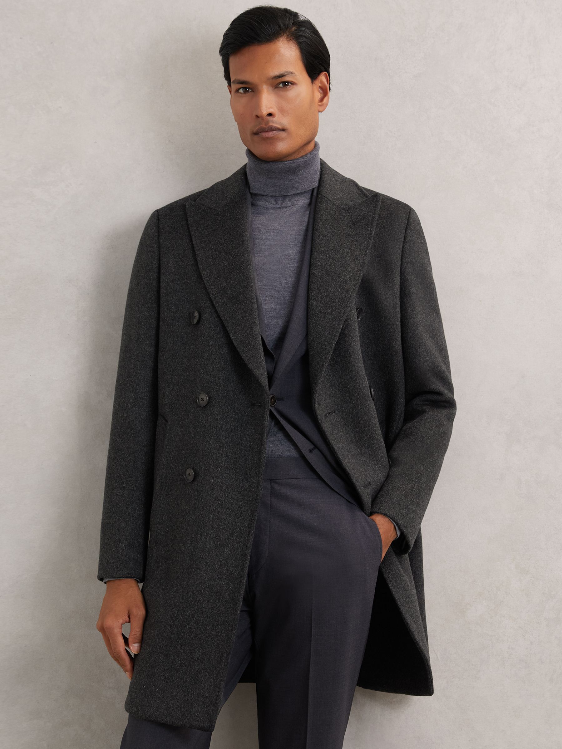 Wool-Blend Double-Breasted Overcoat in Charcoal Grey - Image 1 of 6