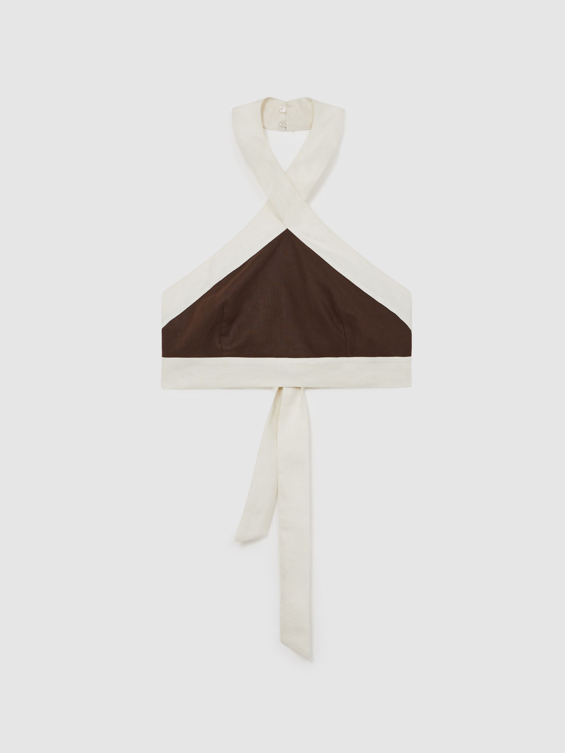 Linen Halterneck Cropped Top in Chocolate/Cream - Image 6 of 6