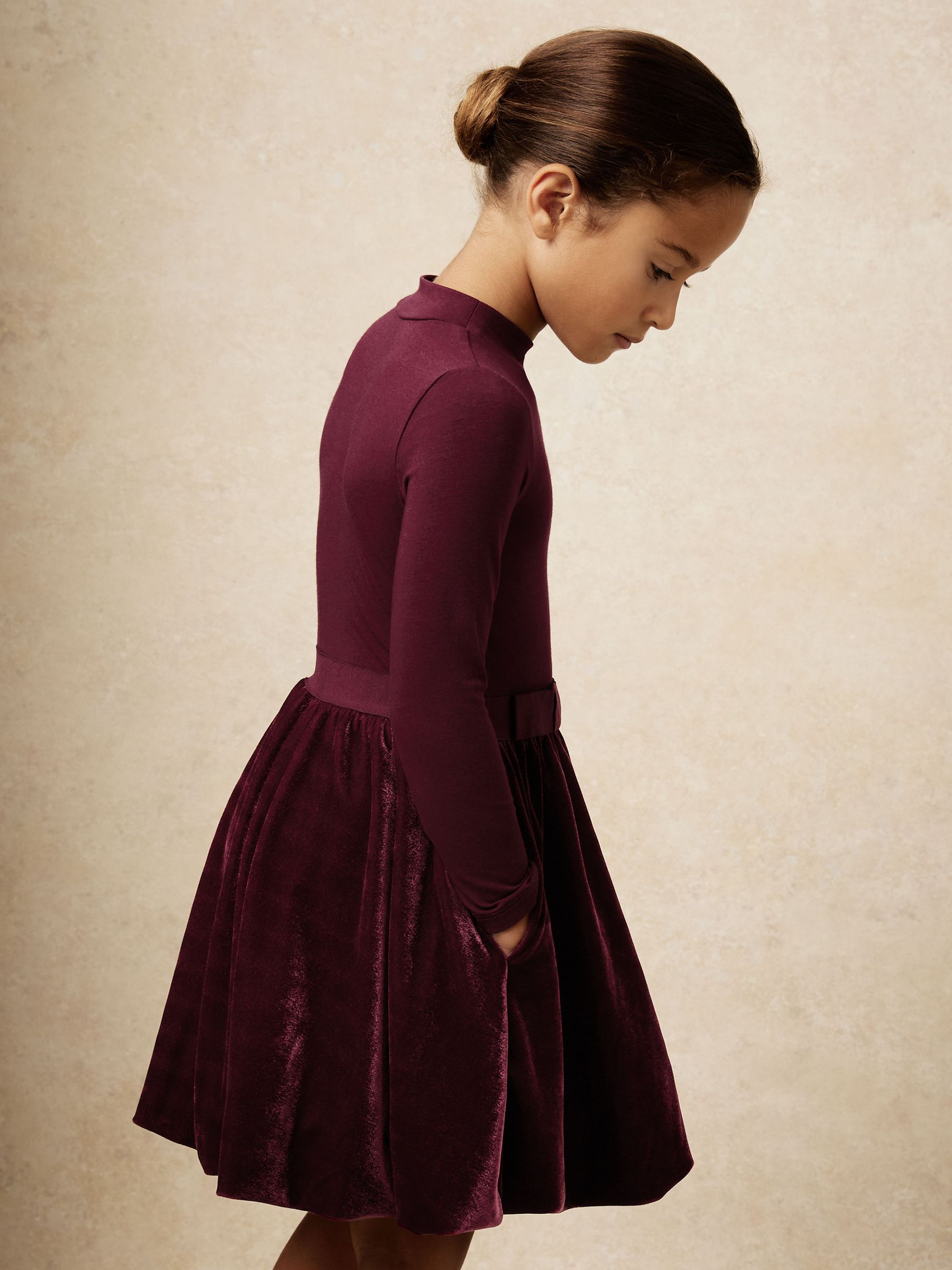 3-9 yrs Velvet-Skirt Jersey Skater Dress in Burgundy - Image 3 of 6