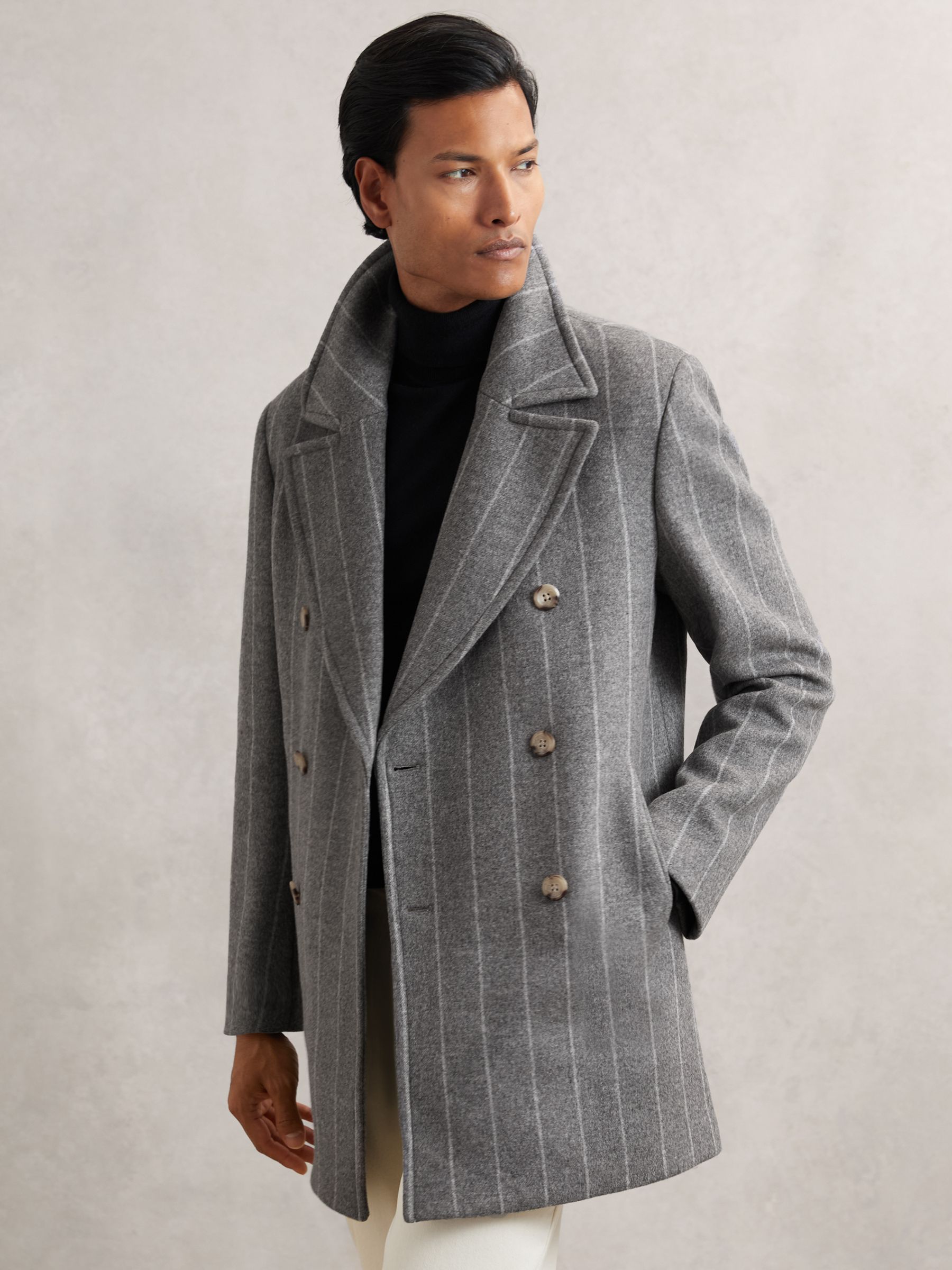 Wool-Blend Chalk-Stripe Pea Coat in Grey - Image 1 of 7