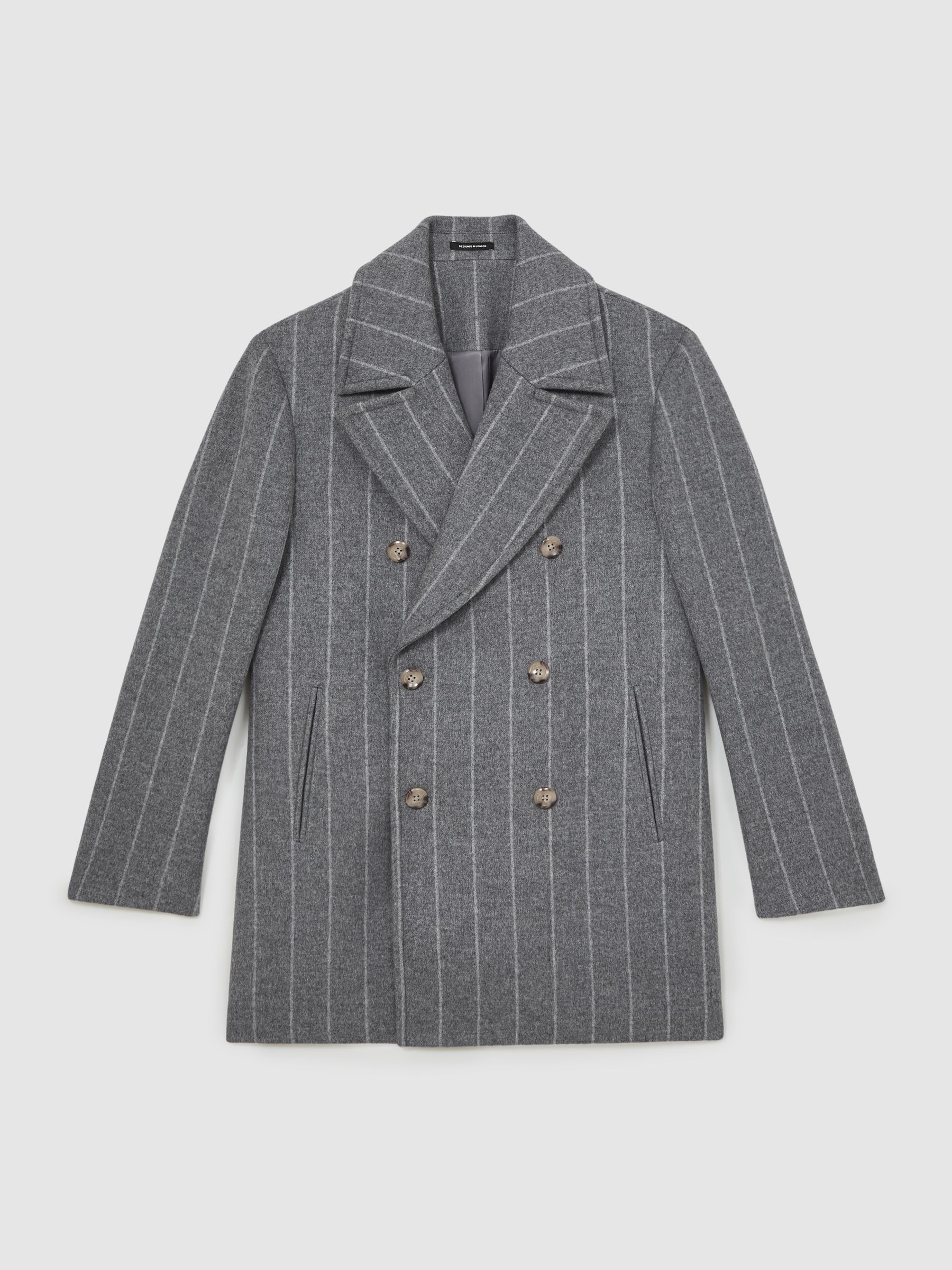 Wool-Blend Chalk-Stripe Pea Coat in Grey - Image 2 of 7