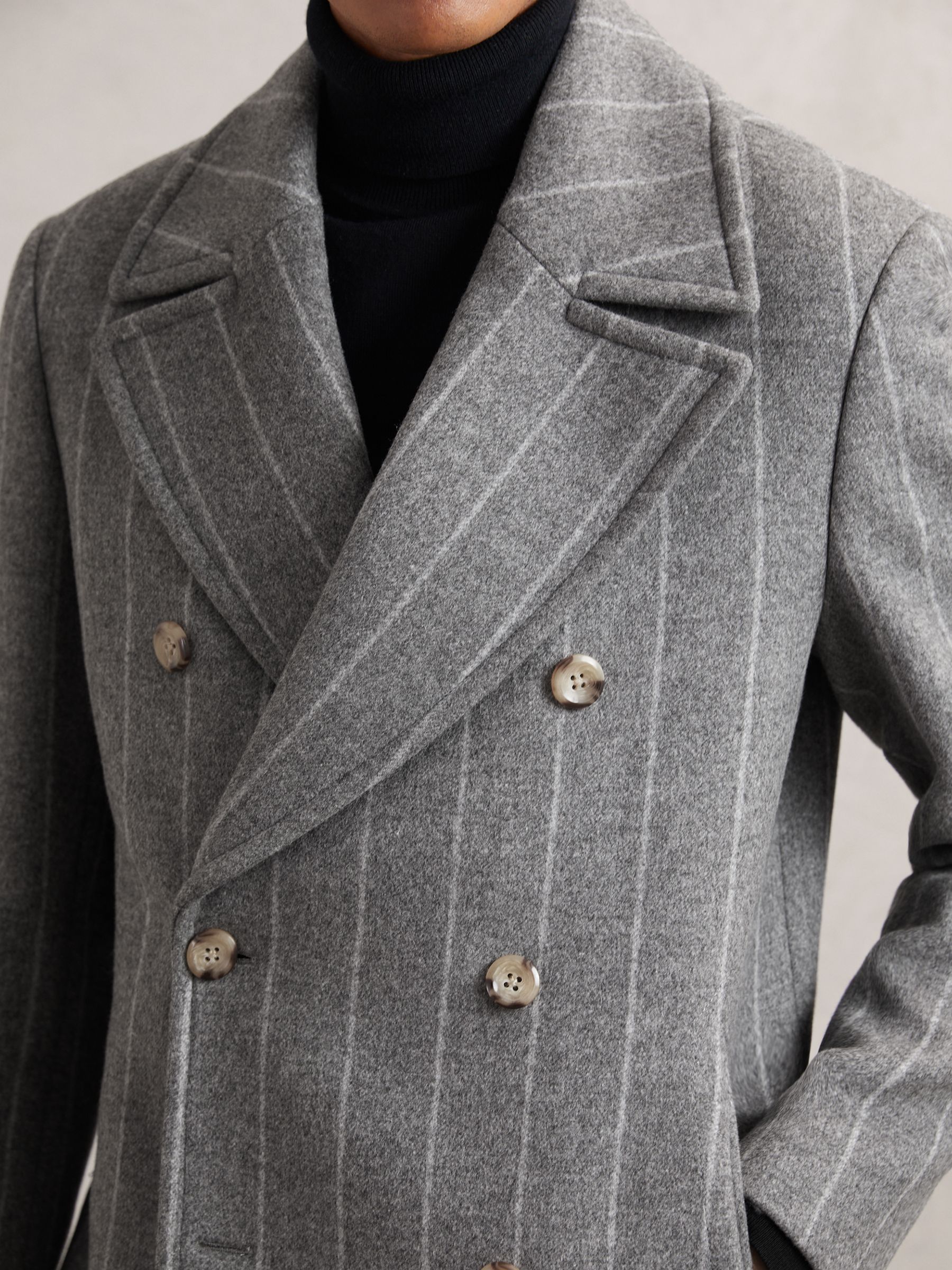 Wool-Blend Chalk-Stripe Pea Coat in Grey - Image 3 of 7
