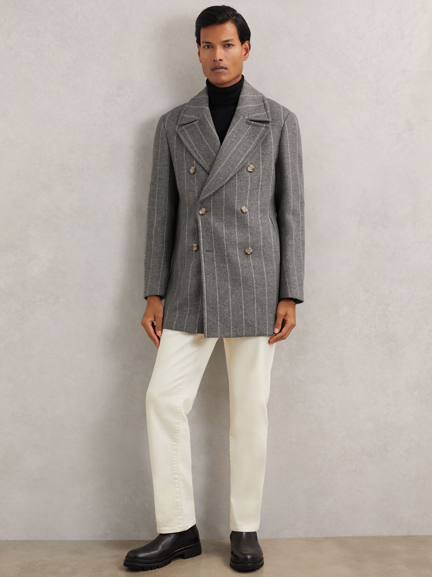 Wool-Blend Chalk-Stripe Pea Coat in Grey - Image 4 of 7