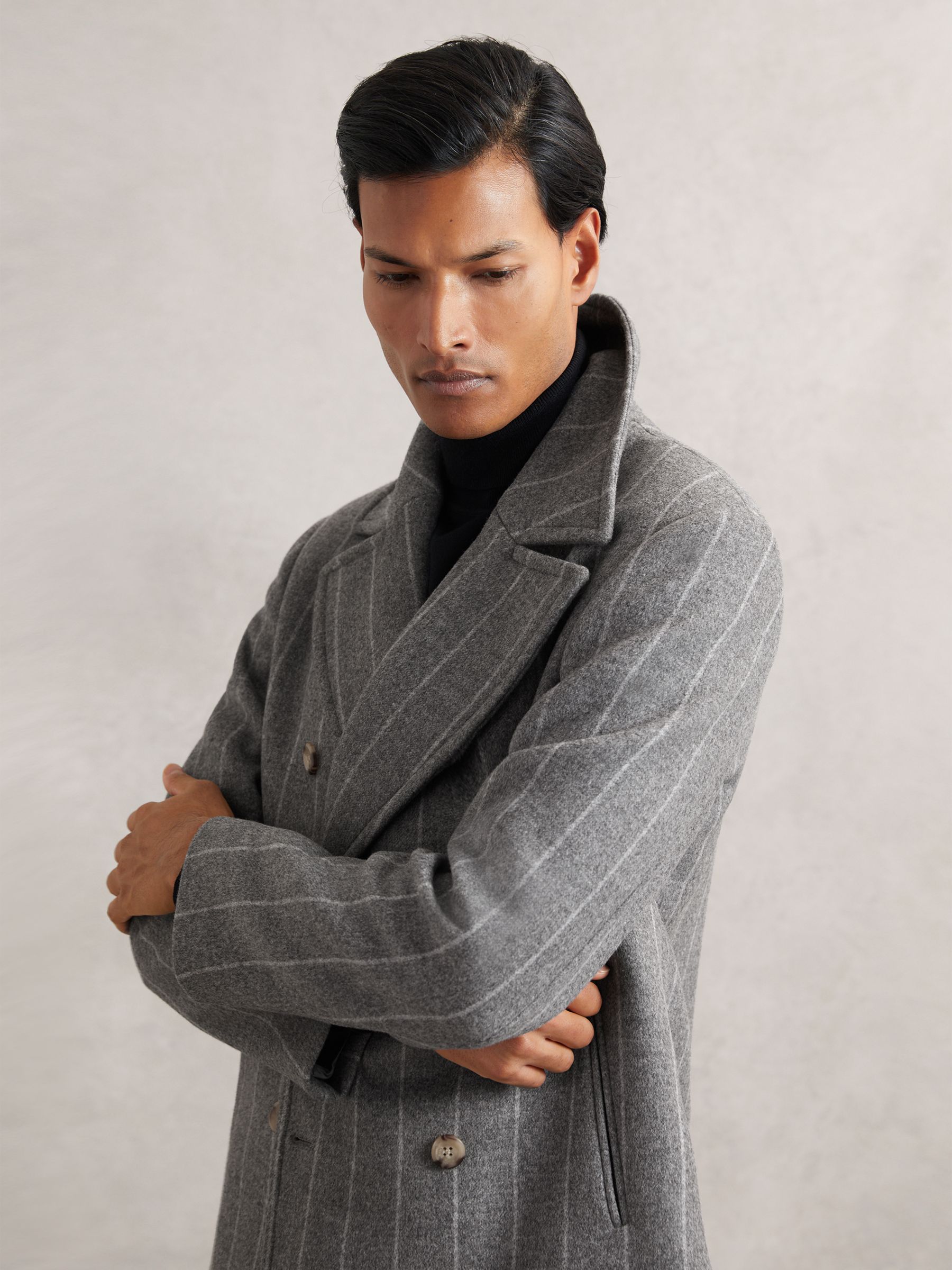 Wool-Blend Chalk-Stripe Pea Coat in Grey - Image 5 of 7