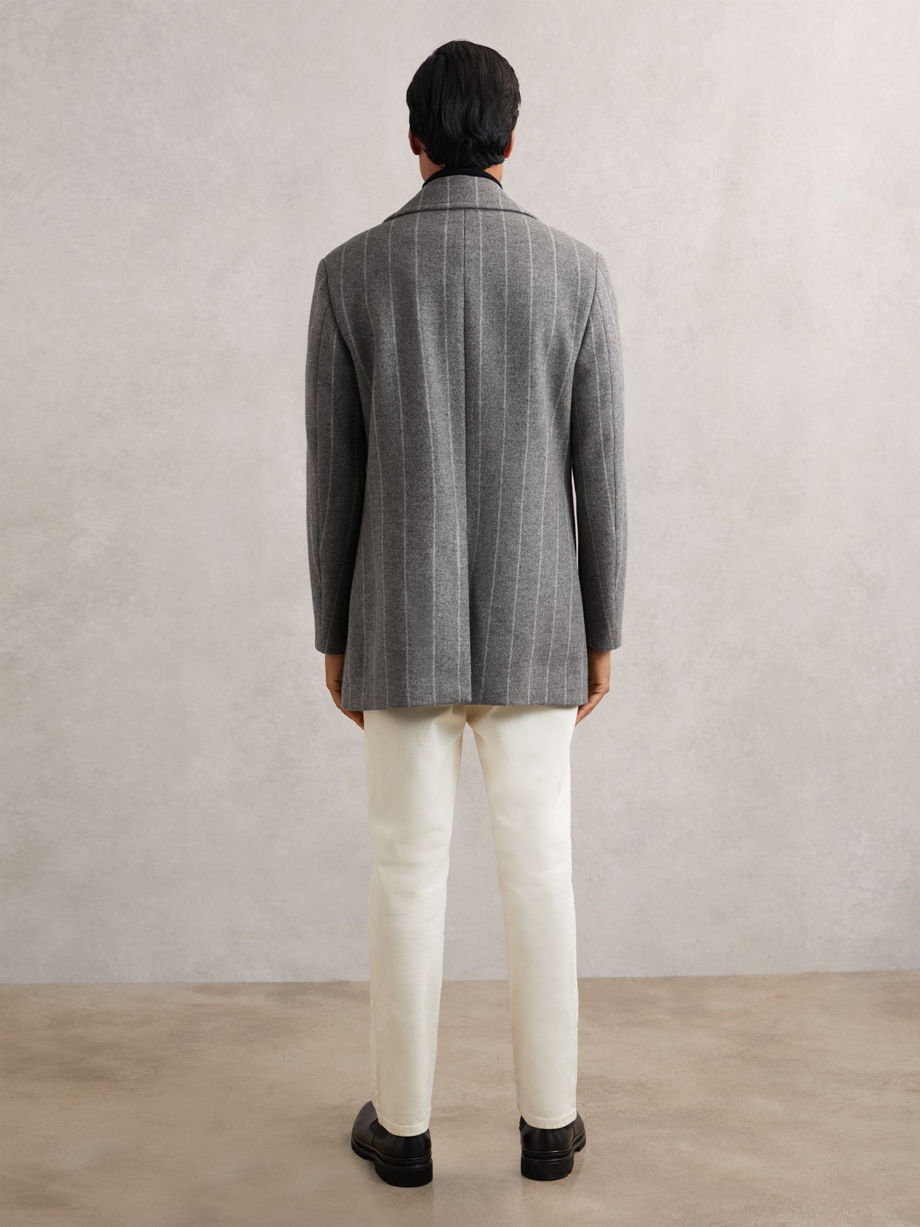 Wool-Blend Chalk-Stripe Pea Coat in Grey - Image 6 of 7