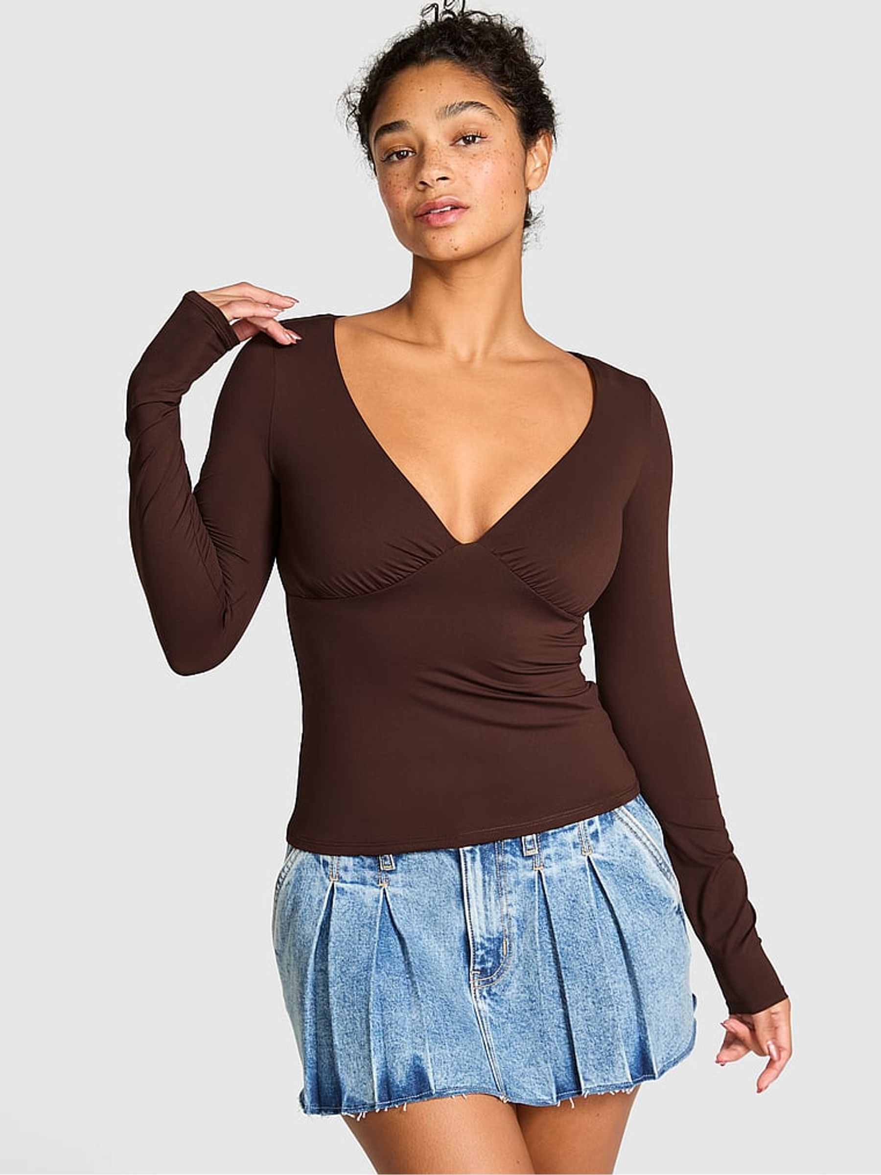 Ganache Brown Ruched Long Sleeve Stretch T-Shirt - Image 1 of 2 Ganache Brown Ruched Long Sleeve Stretch T-Shirt - Image 1 of 2