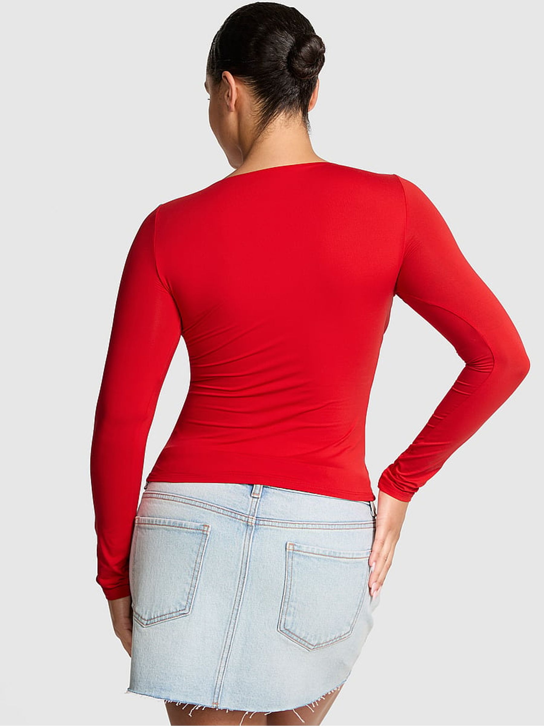 Bright Vermillion Red Ruched Long Sleeve Stretch T-Shirt - Image 2 of 3 Bright Vermillion Red Ruched Long Sleeve Stretch T-Shirt - Image 2 of 3