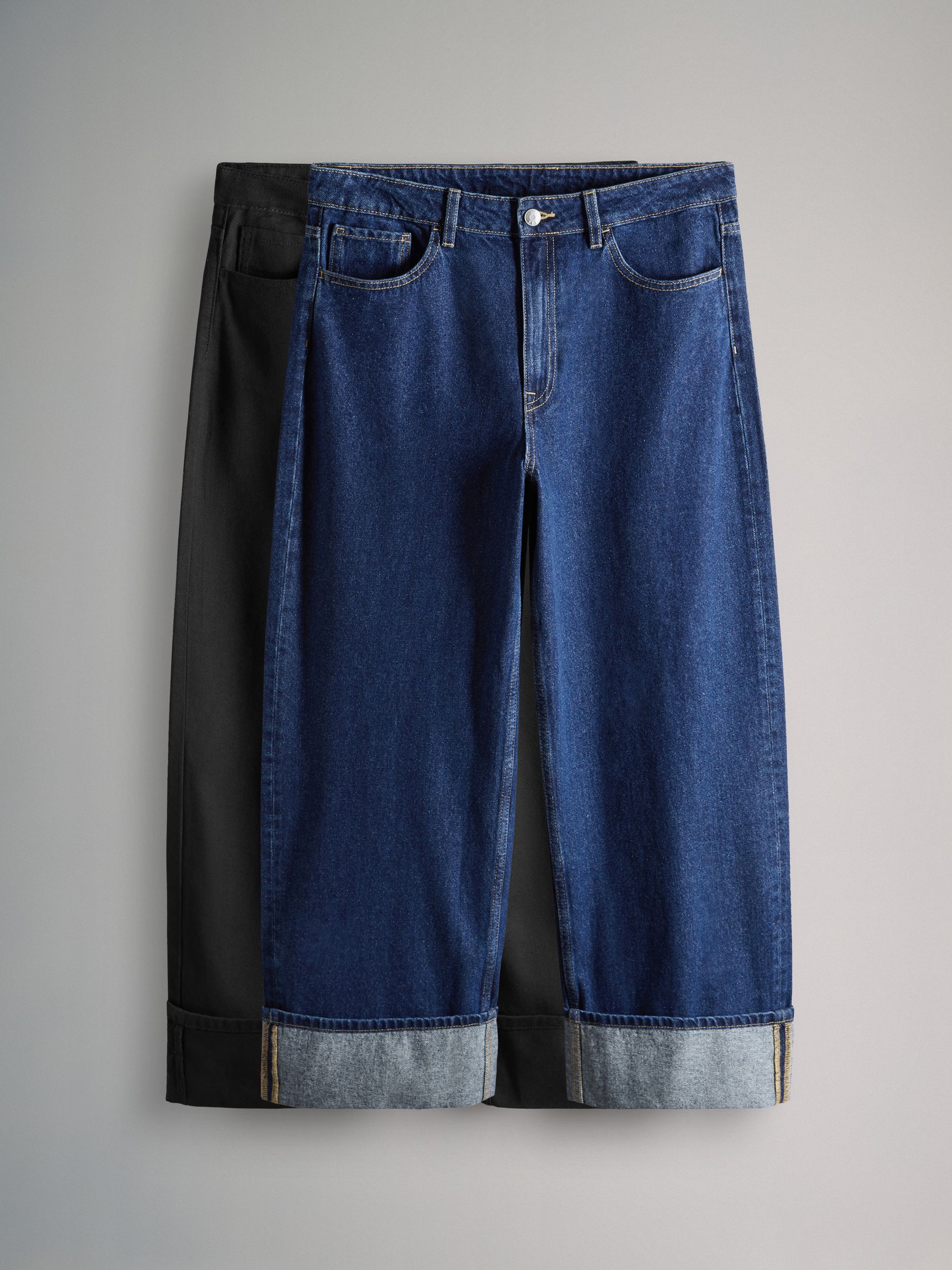 Black/Mid Blue 2 Pack Turn Up Wide Leg Denim Jeans - Image 1 of 5